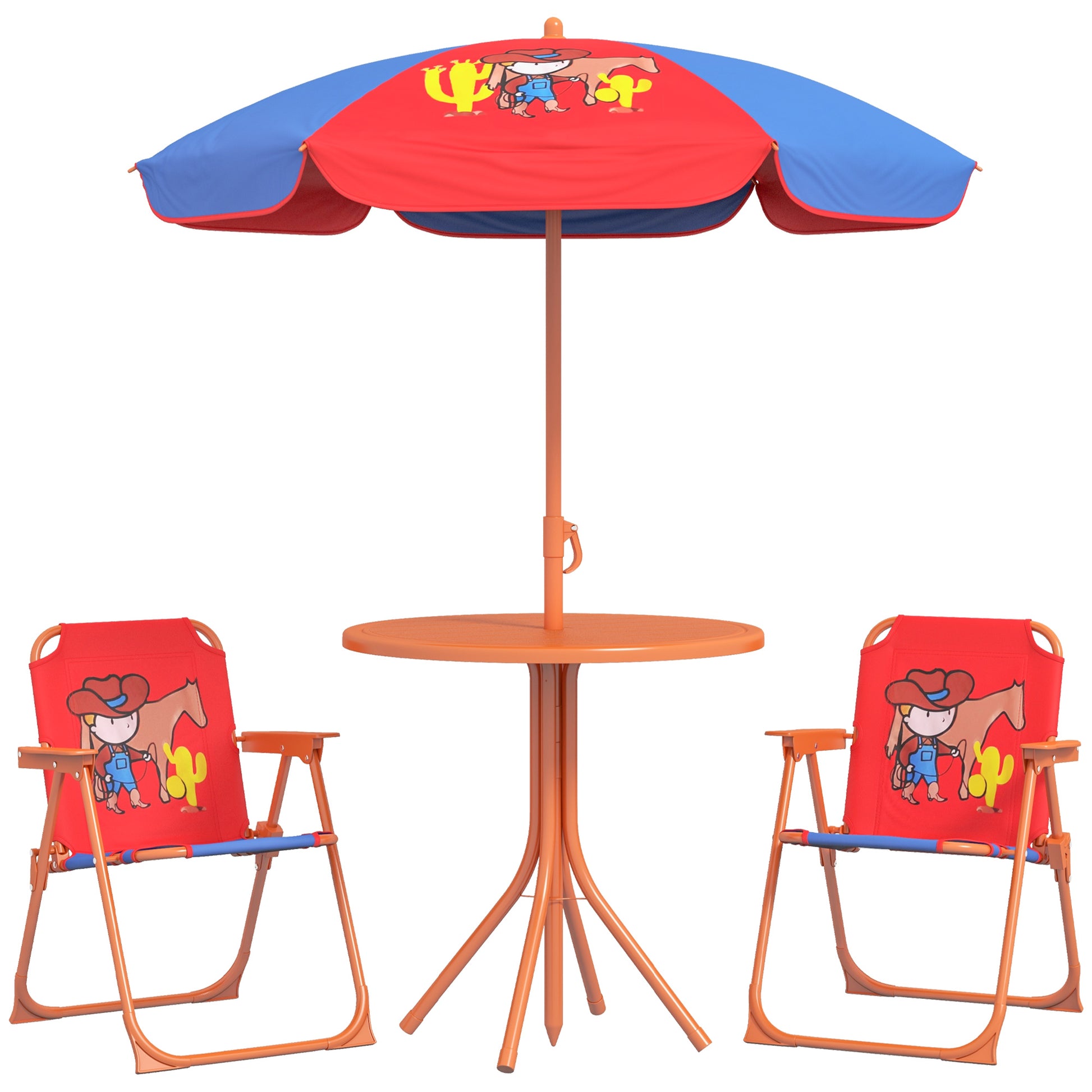 Outsunny Kids Bistro Table and Chair Set with Cowboy Theme Adjustable Parasol-0