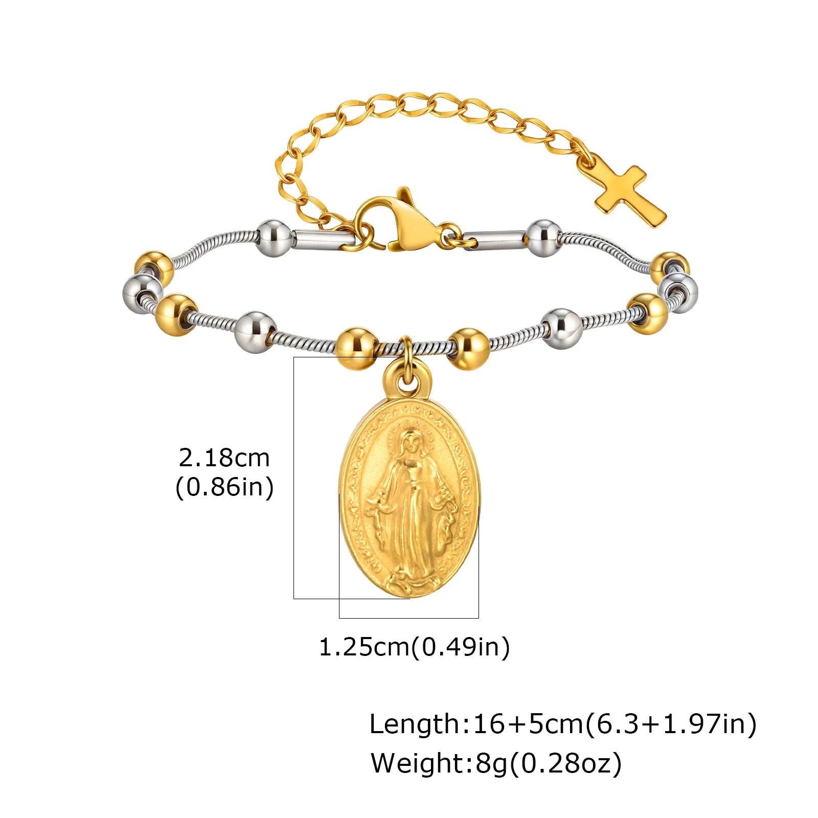 Holy Rosary Cross Virgin Mary Charm Bracelet for Women, Double Sides Religious Prayer Beaded Bracelet, Stainless Steel Jewelry