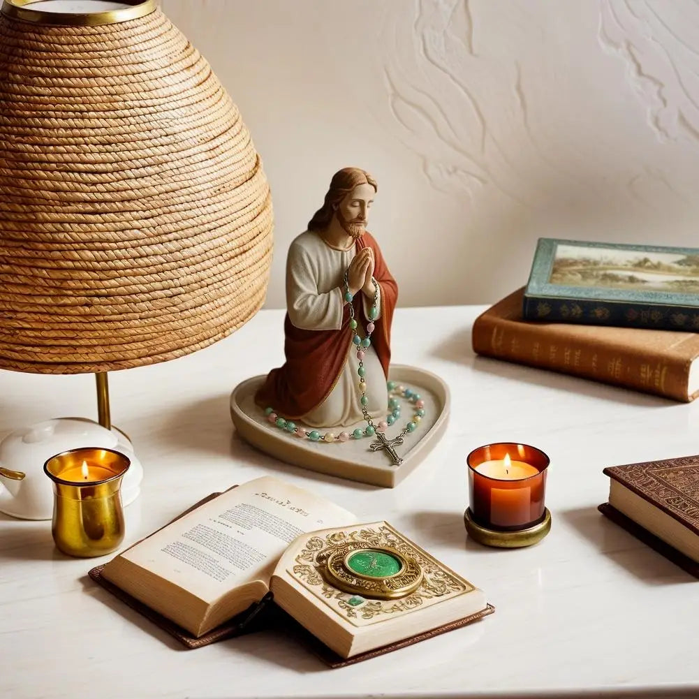 Timeless Charm Resin Rosary Holder with Mary Figurine for Catholic Devotional Home Decor Lady Prayer Dish Jewelry for Bedroom