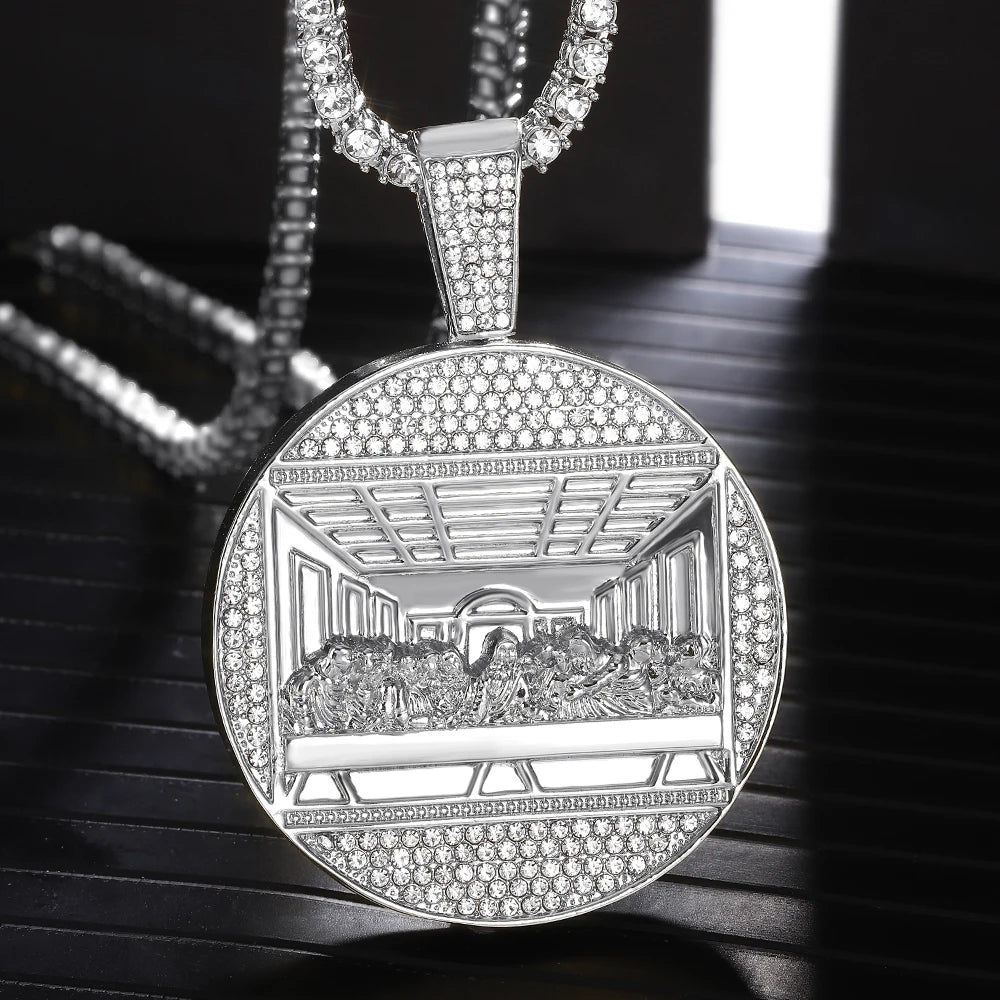 Hip Hop Last Supper Pendant Necklace With 13mm Iced Out Cuban Chain Necklaces Fashion Hiphop Men Charm 4mm Tennis Chain Jewelry