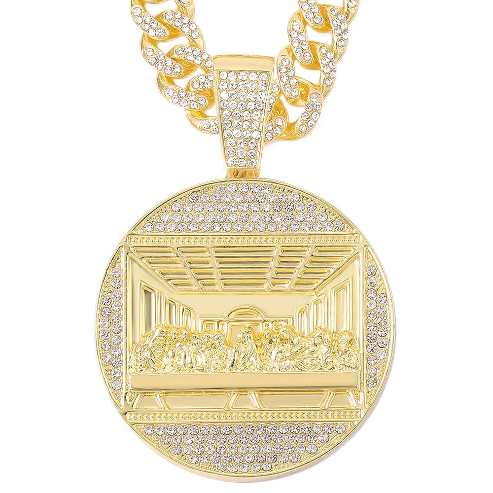 Hip Hop Last Supper Pendant Necklace With 13mm Iced Out Cuban Chain Necklaces Fashion Hiphop Men Charm 4mm Tennis Chain Jewelry