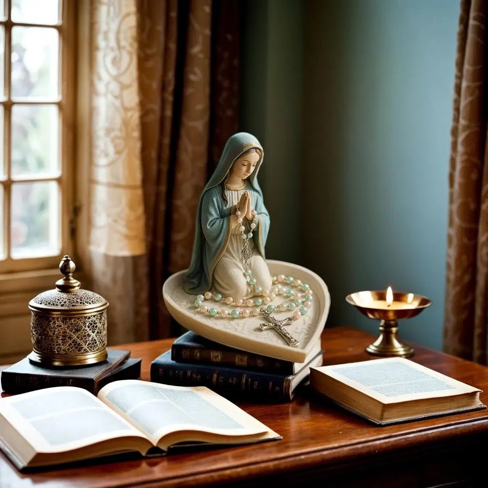 Timeless Charm Resin Rosary Holder with Mary Figurine for Catholic Devotional Home Decor Lady Prayer Dish Jewelry for Bedroom