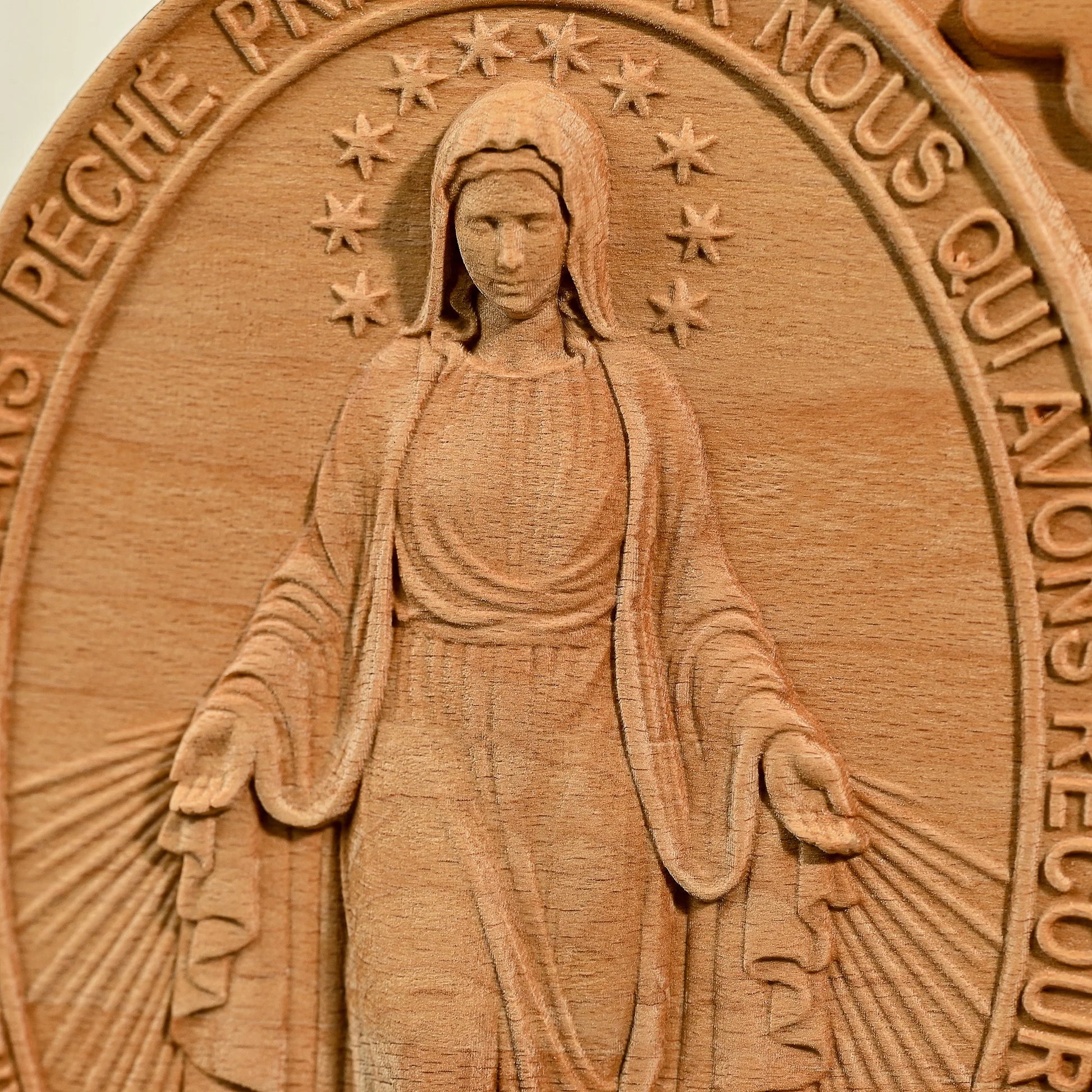 Miraculous Medal Virgin Mary, wood carving decoration, Grace Medal, Glory Mary statue, Catholic art gift