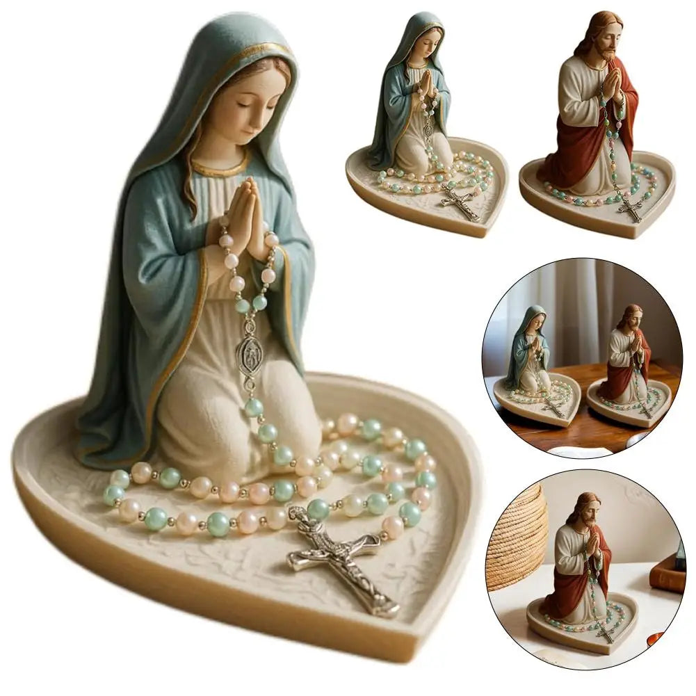 Timeless Charm Resin Rosary Holder with Mary Figurine for Catholic Devotional Home Decor Lady Prayer Dish Jewelry for Bedroom