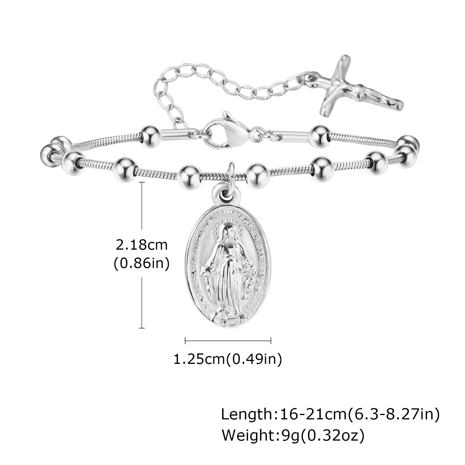 Holy Rosary Cross Virgin Mary Charm Bracelet for Women, Double Sides Religious Prayer Beaded Bracelet, Stainless Steel Jewelry