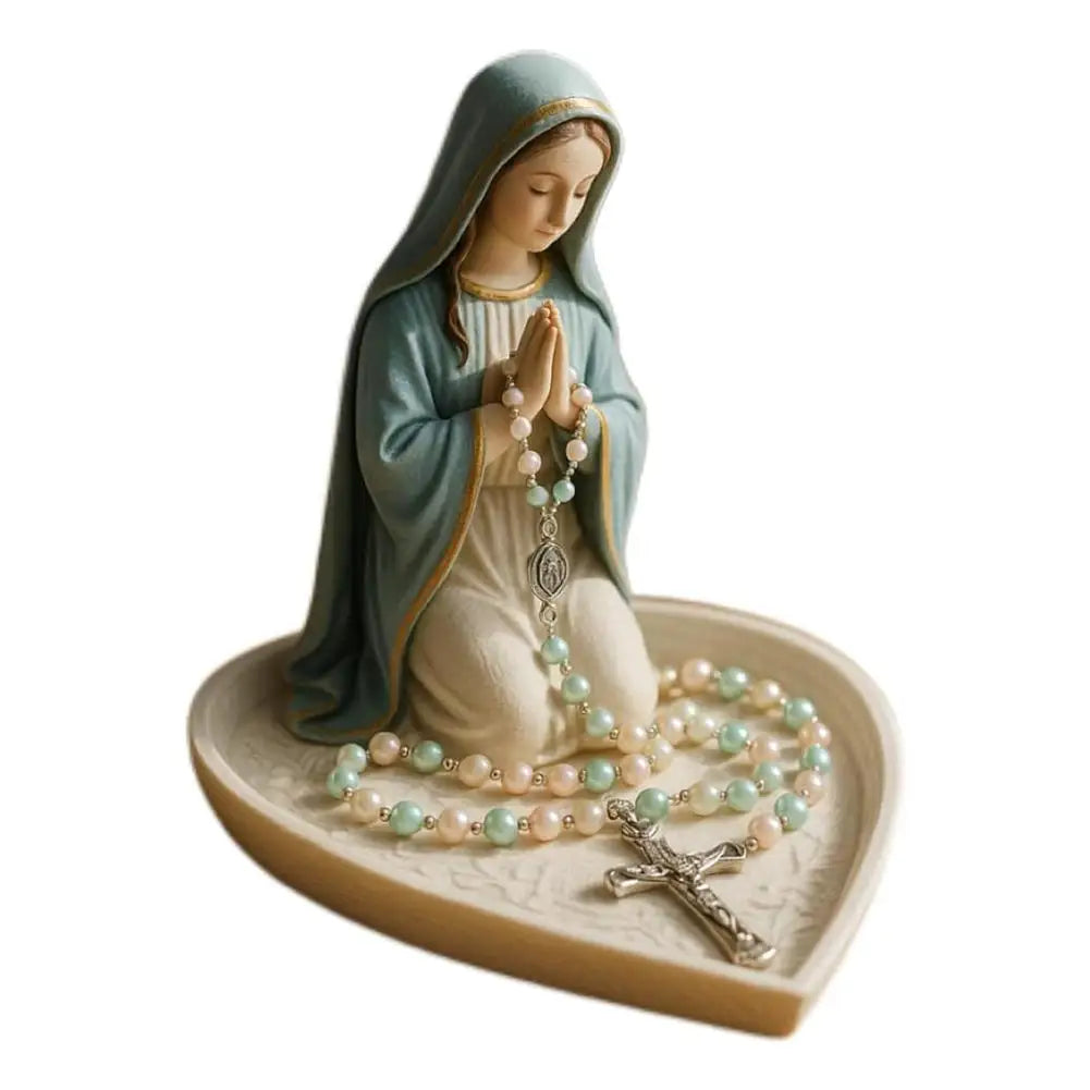 Timeless Charm Resin Rosary Holder with Mary Figurine for Catholic Devotional Home Decor Lady Prayer Dish Jewelry for Bedroom