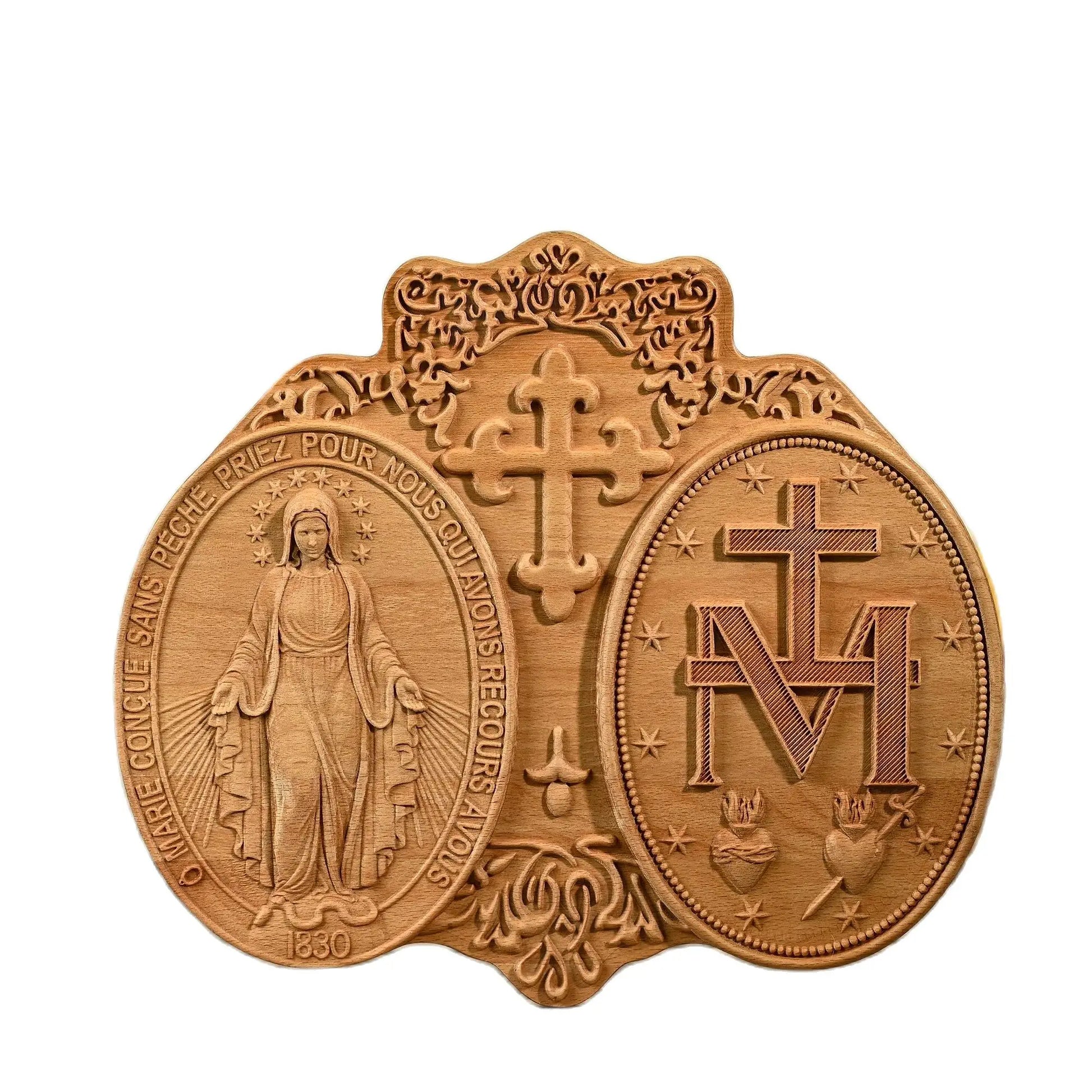 Miraculous Medal Virgin Mary, wood carving decoration, Grace Medal, Glory Mary statue, Catholic art gift