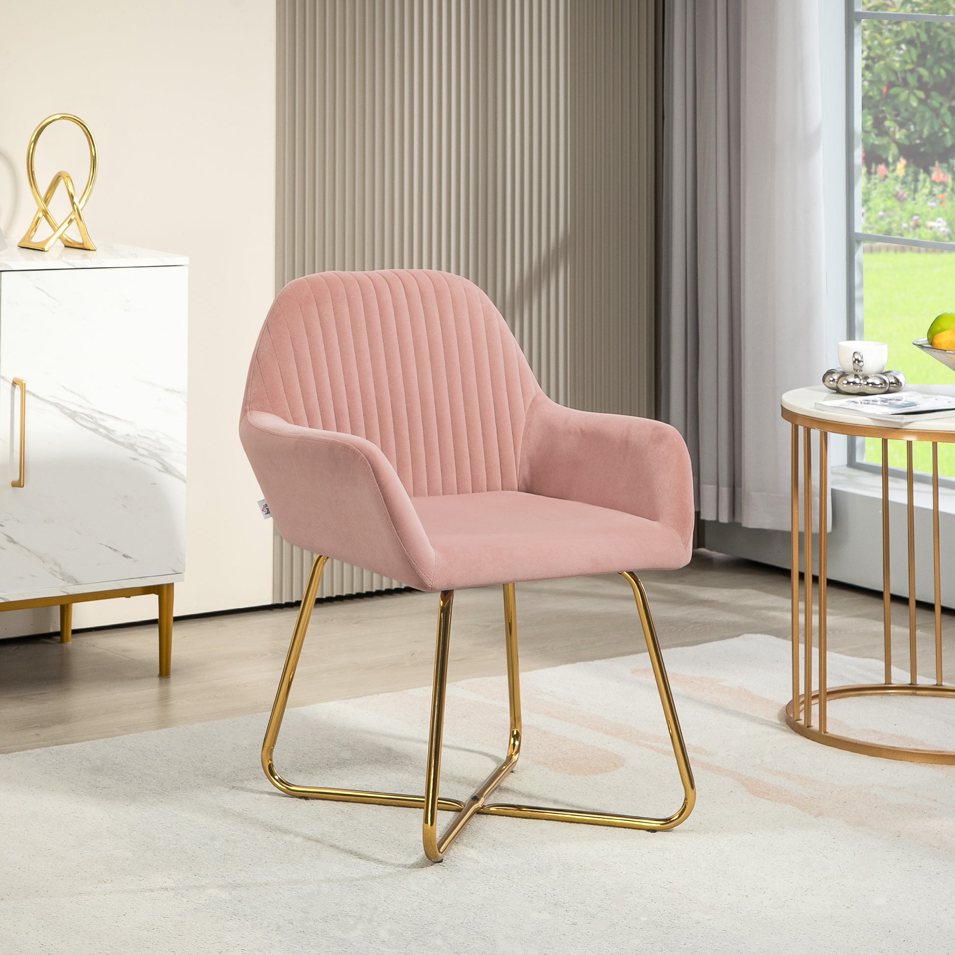 HOMCOM Modern Arm Chair Upholstered Accent Chair with Metal Base for Living Room in Pink-8
