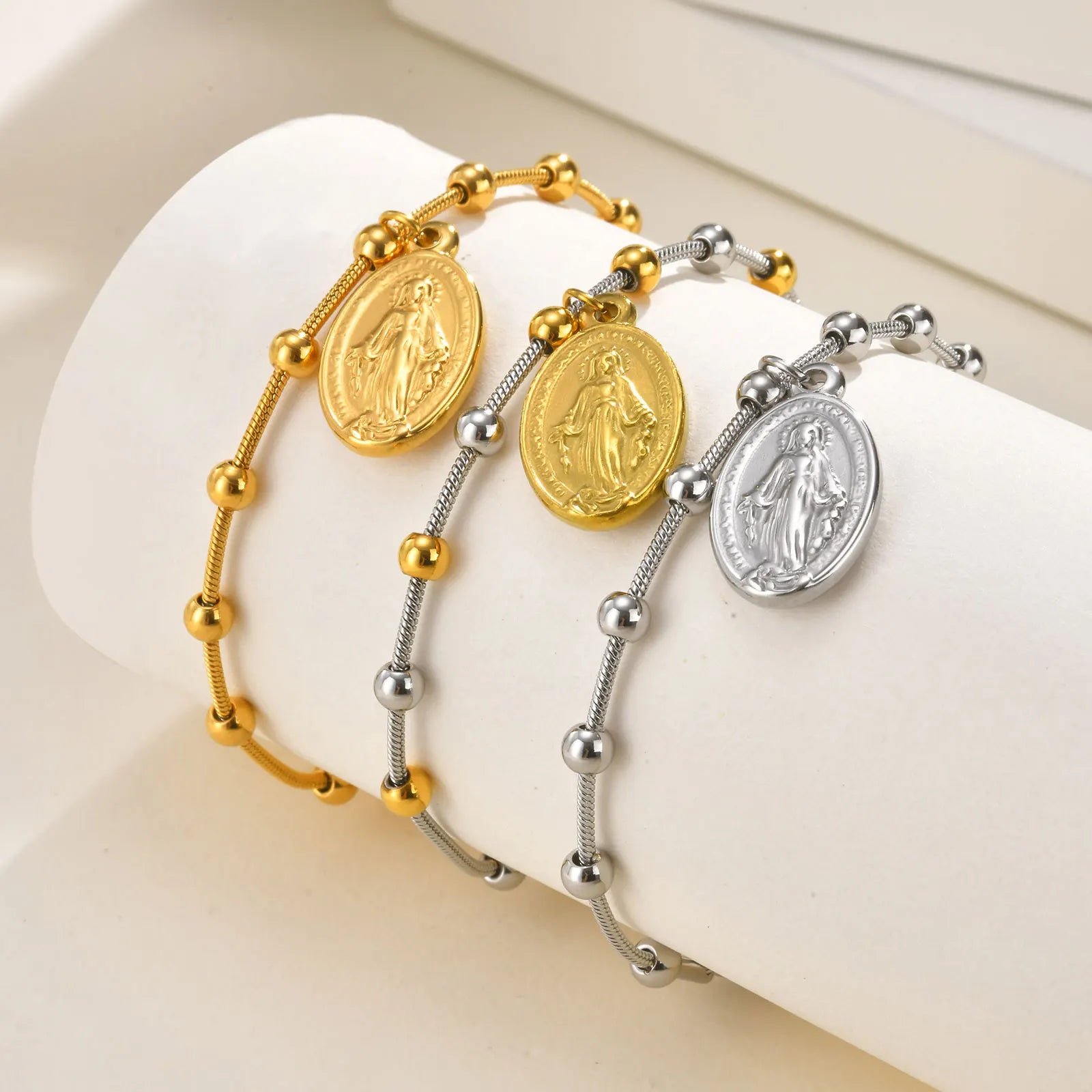 Holy Rosary Cross Virgin Mary Charm Bracelet for Women, Double Sides Religious Prayer Beaded Bracelet, Stainless Steel Jewelry