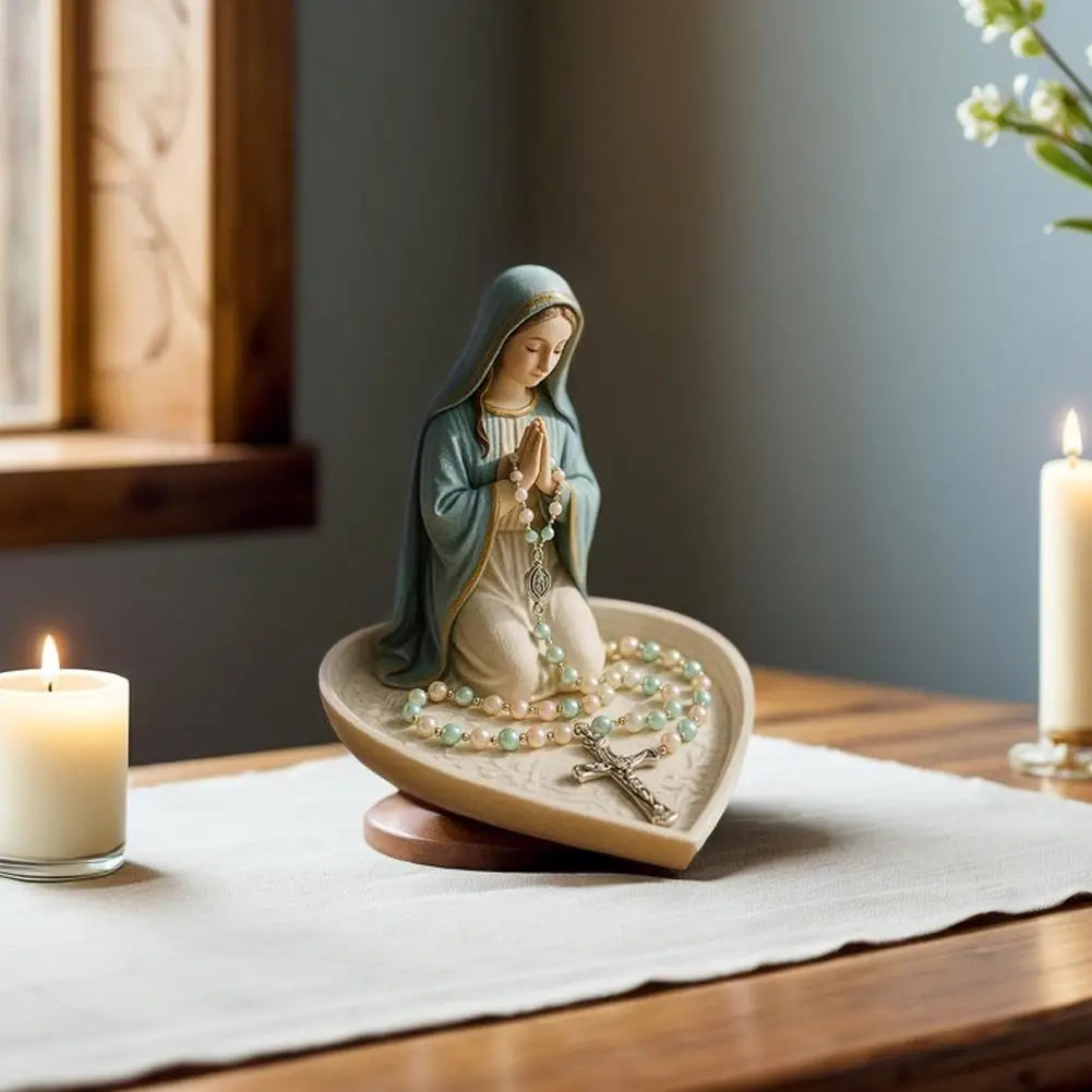 Timeless Charm Resin Rosary Holder with Mary Figurine for Catholic Devotional Home Decor Lady Prayer Dish Jewelry for Bedroom