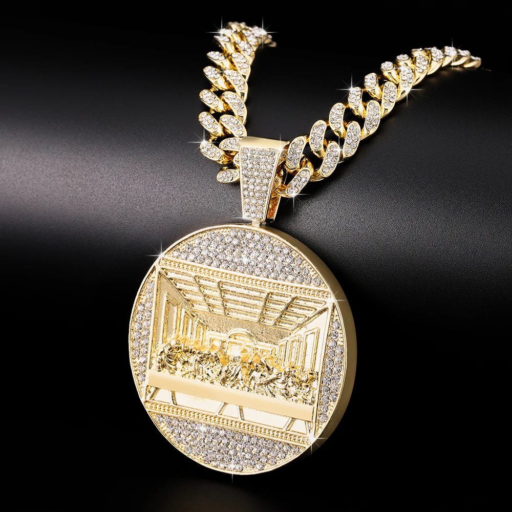 Hip Hop Last Supper Pendant Necklace With 13mm Iced Out Cuban Chain Necklaces Fashion Hiphop Men Charm 4mm Tennis Chain Jewelry