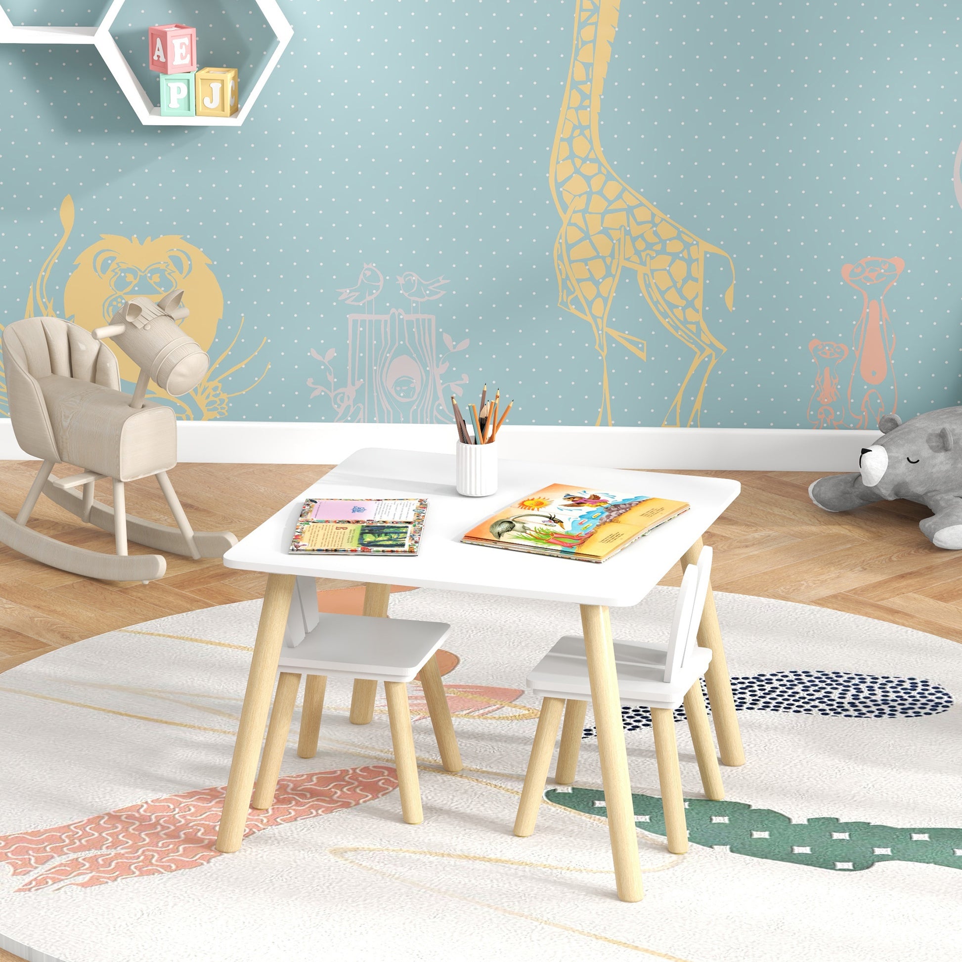 AIYAPLAY 3 Pcs Toddler Table and Chair Set, Kids Desk and 2 Chairs Set with Bunny Ear Backrest, for Nursery, Playroom-5