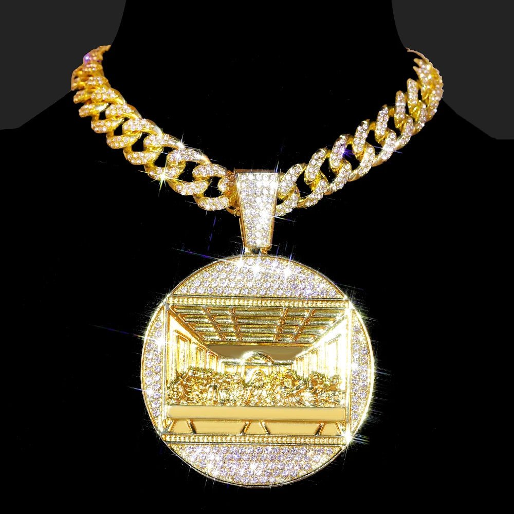 Hip Hop Last Supper Pendant Necklace With 13mm Iced Out Cuban Chain Necklaces Fashion Hiphop Men Charm 4mm Tennis Chain Jewelry