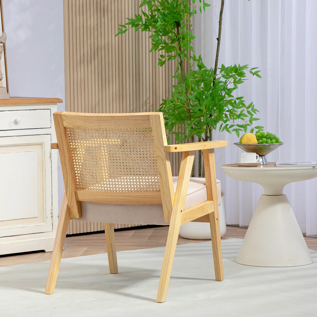 Bohemian Armchair: HOMCOM Fabric Accent Chair with Rattan Back, Rubber Wood Frame & Padded Seat Cushion, Living Room, Bedroom, Office-5