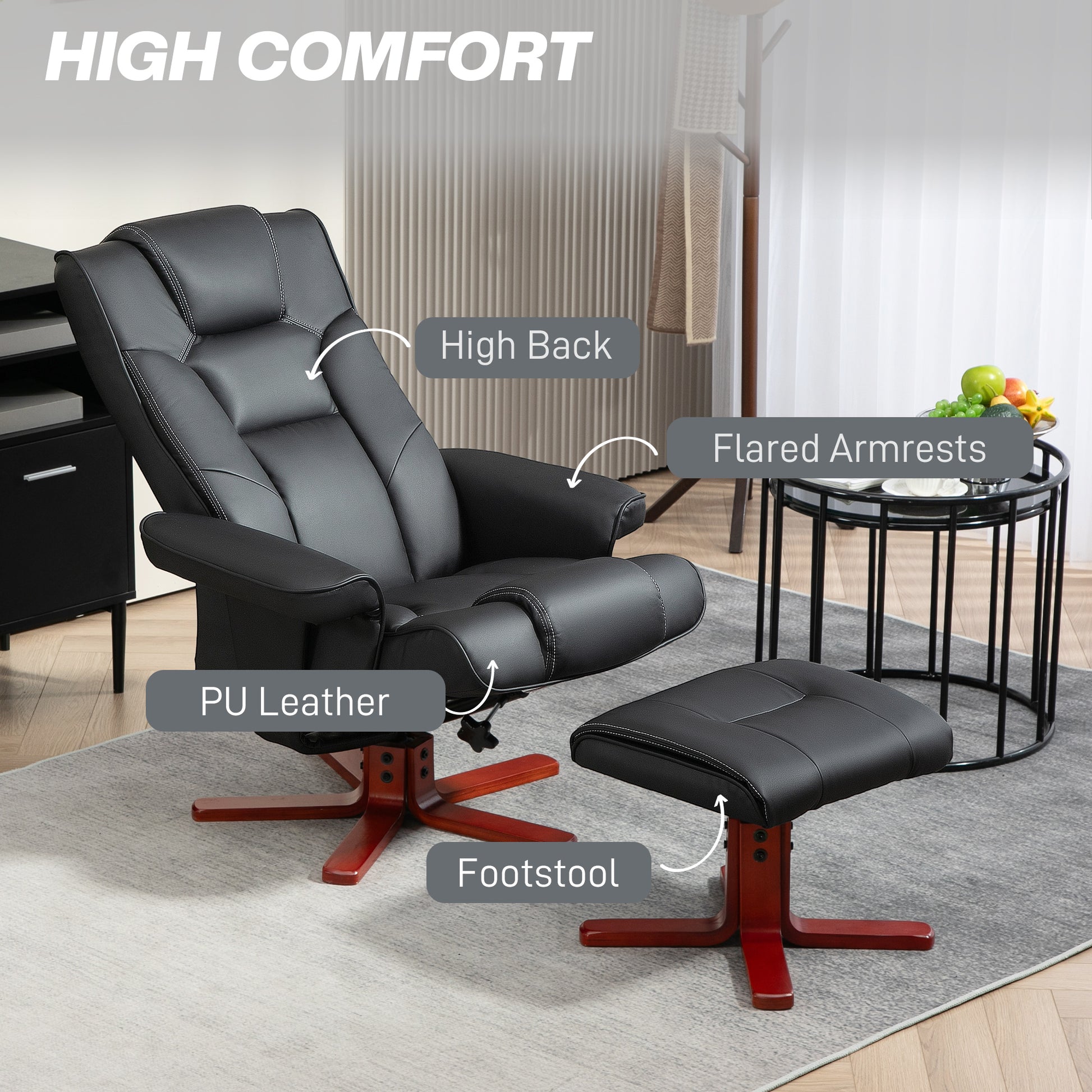 HOMCOM Faux Leather Manual Recliner and Footstool Set in Black-4