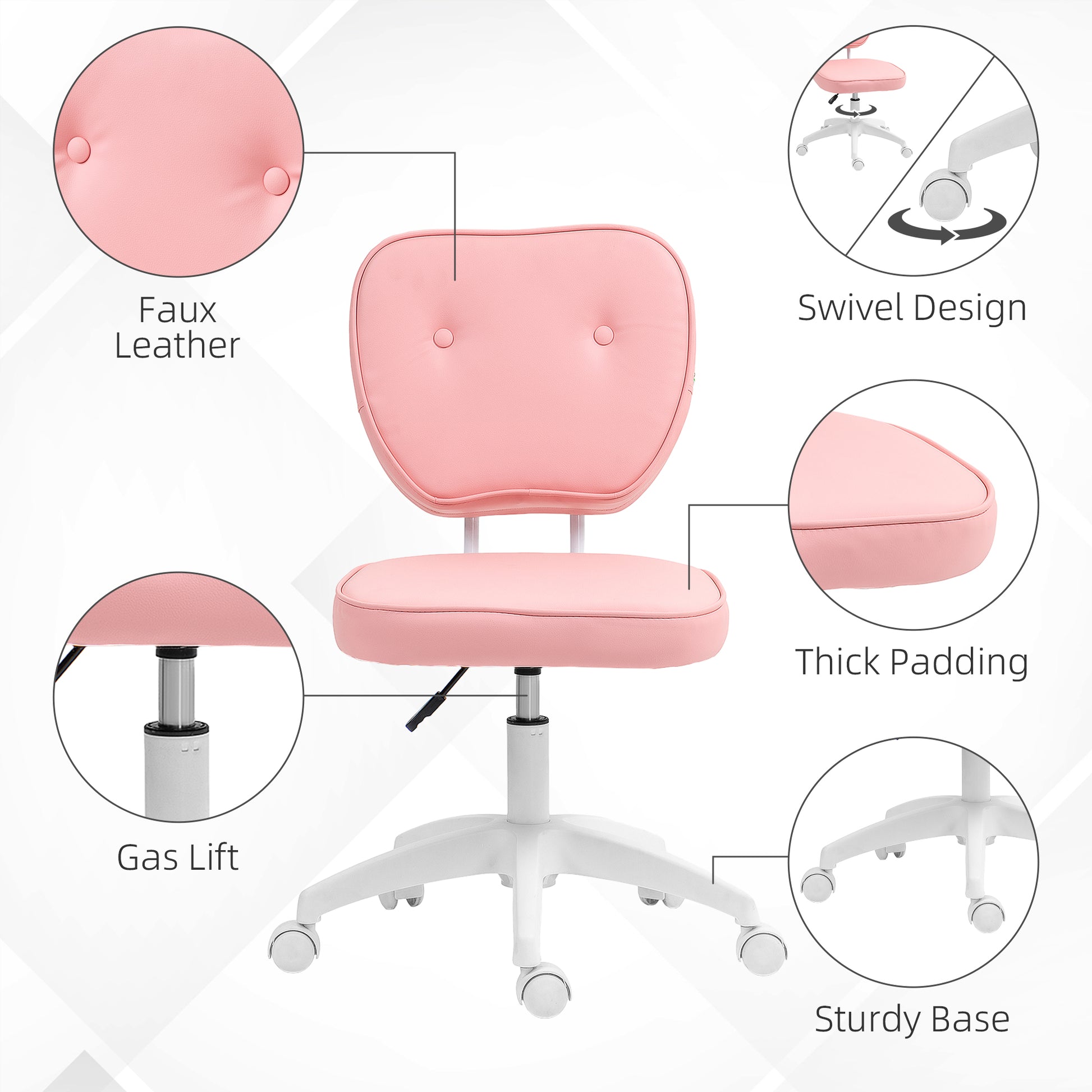 Vanity Office Chair, PU Leather Computer Chair for Home, with Adjustable Height, Armless, Swivel Wheels, Pink by Vinsetto-3