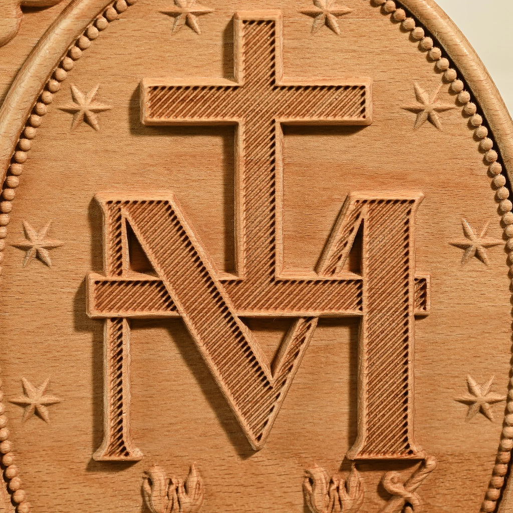 Miraculous Medal Virgin Mary, wood carving decoration, Grace Medal, Glory Mary statue, Catholic art gift