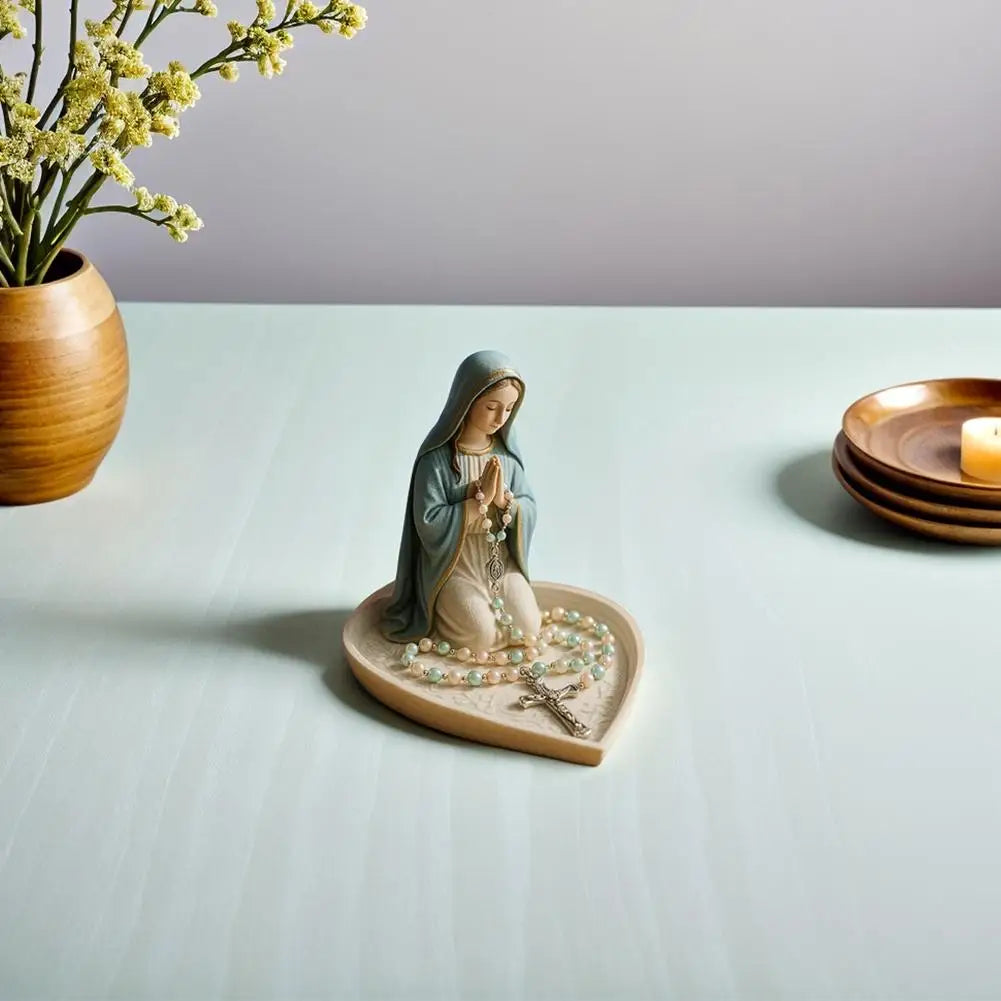 Timeless Charm Resin Rosary Holder with Mary Figurine for Catholic Devotional Home Decor Lady Prayer Dish Jewelry for Bedroom