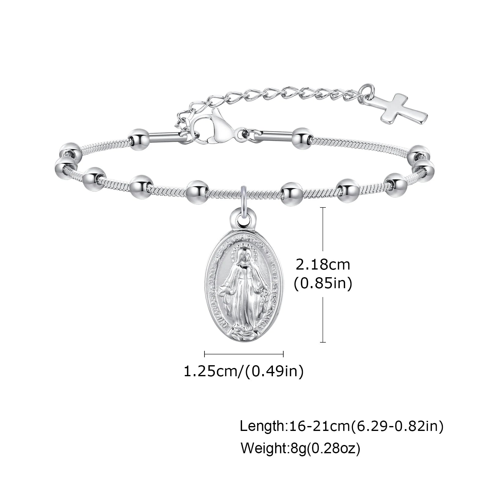 Holy Rosary Cross Virgin Mary Charm Bracelet for Women, Double Sides Religious Prayer Beaded Bracelet, Stainless Steel Jewelry