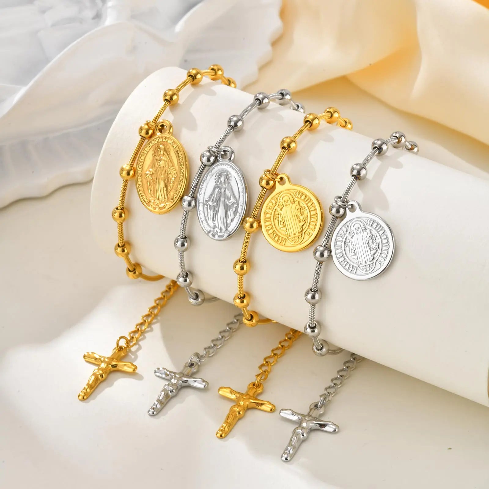 Holy Rosary Cross Virgin Mary Charm Bracelet for Women, Double Sides Religious Prayer Beaded Bracelet, Stainless Steel Jewelry
