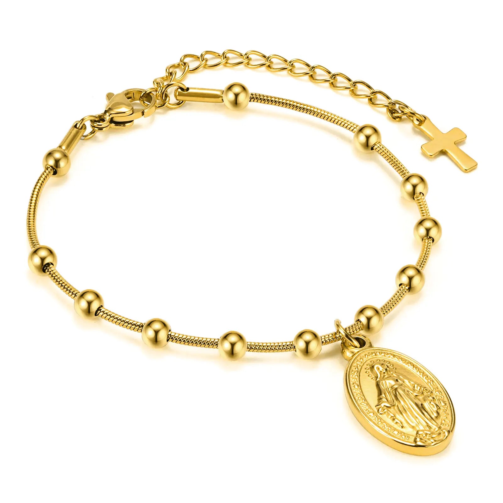 Holy Rosary Cross Virgin Mary Charm Bracelet for Women, Double Sides Religious Prayer Beaded Bracelet, Stainless Steel Jewelry