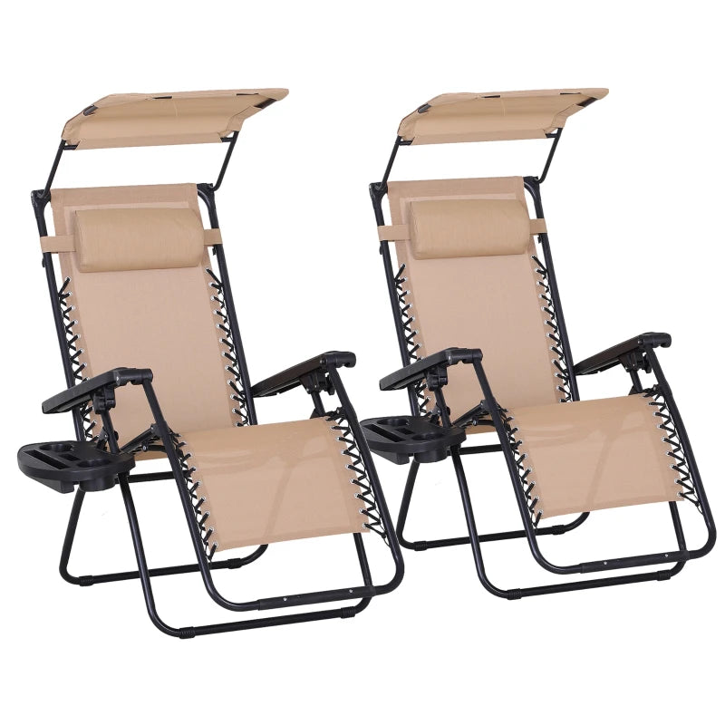 2 Piece Foldable Reclining Garden Chair with Headrest, Zero Gravity Deck Sun Lounger Seat Chair, Footrest, Cup Holder and Canopy | Outsunny-0