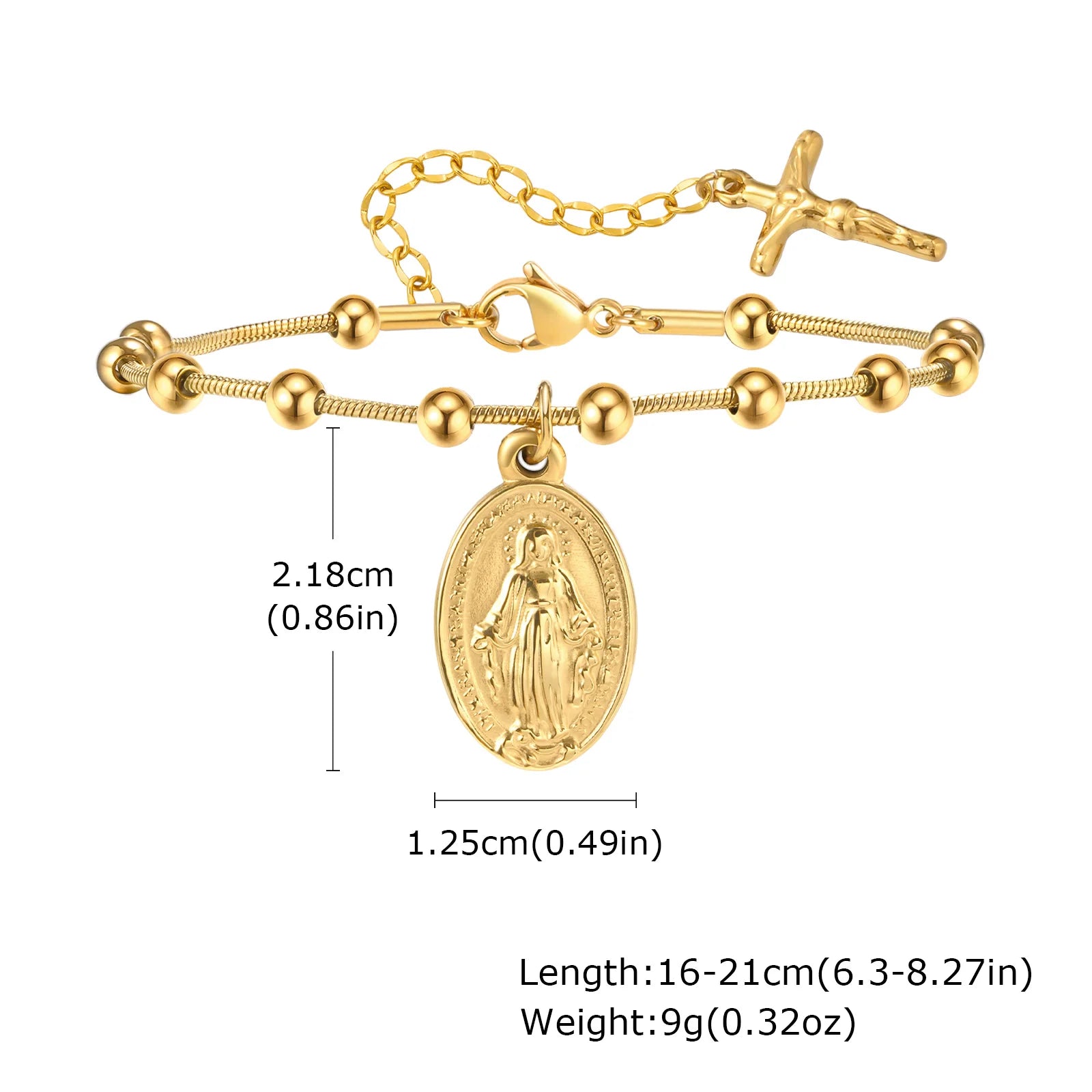 Holy Rosary Cross Virgin Mary Charm Bracelet for Women, Double Sides Religious Prayer Beaded Bracelet, Stainless Steel Jewelry