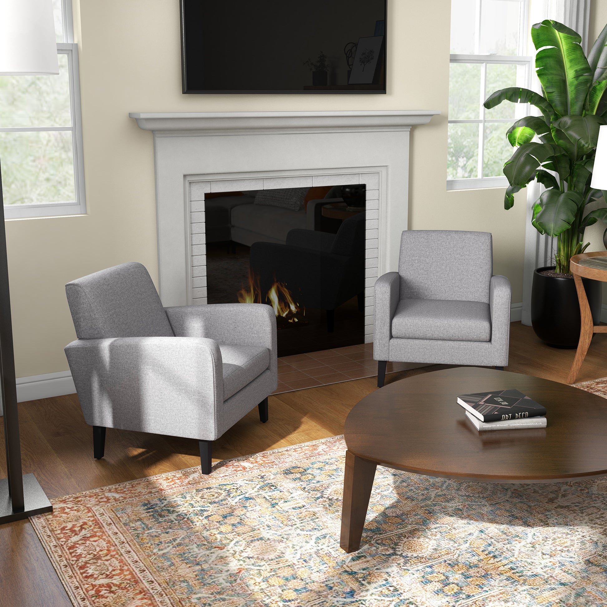 2x HOMCOM Modern Armchairs with Rubber Wood Legs, Upholstered Accent Chairs for Living Room in Light Grey-8