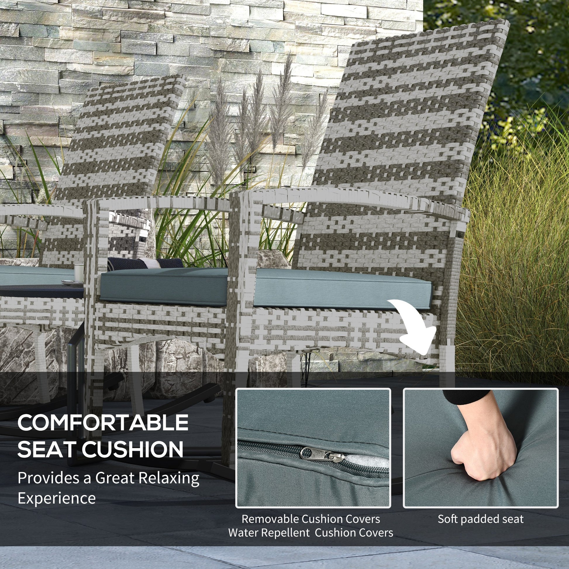 Garden PE Rattan Set of 2 Rocking Chairs with Armrests and Cushion, Light Grey, Outsunny-4