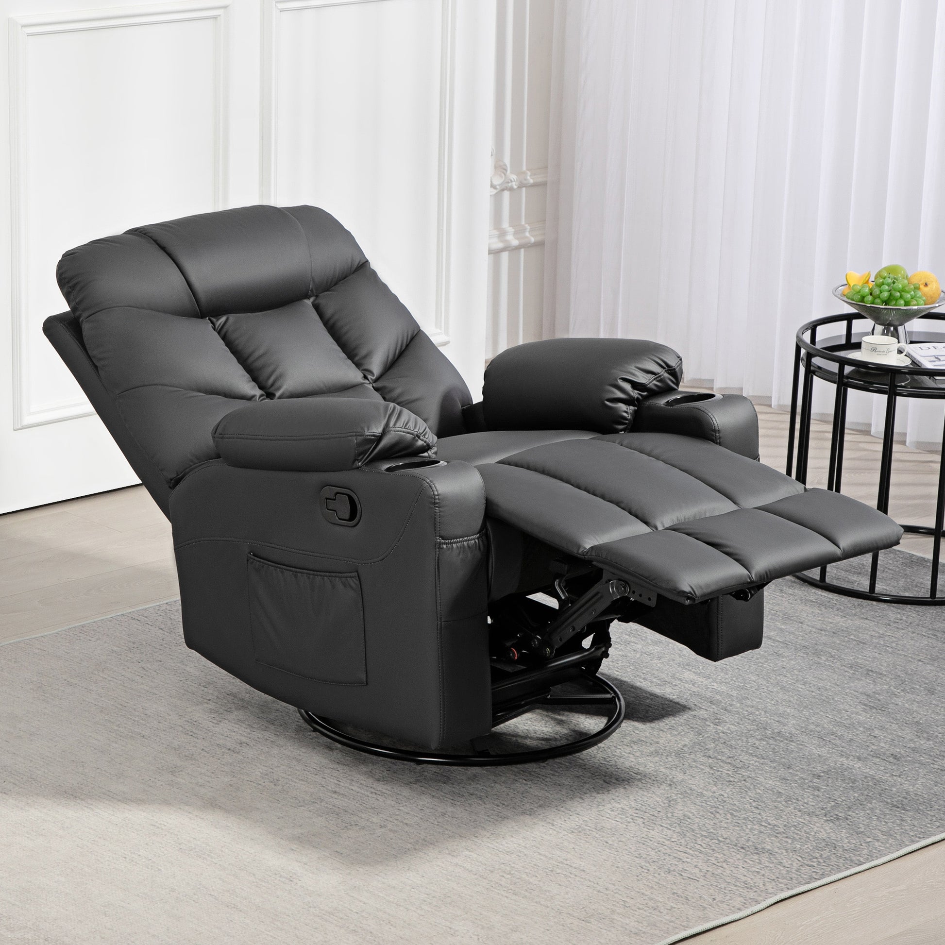 HOMCOM Manual Reclining Chair, Recliner Armchair with Swivel, Faux Leather, Footrest, Cup Holders, 86x93x102cm in Black-6