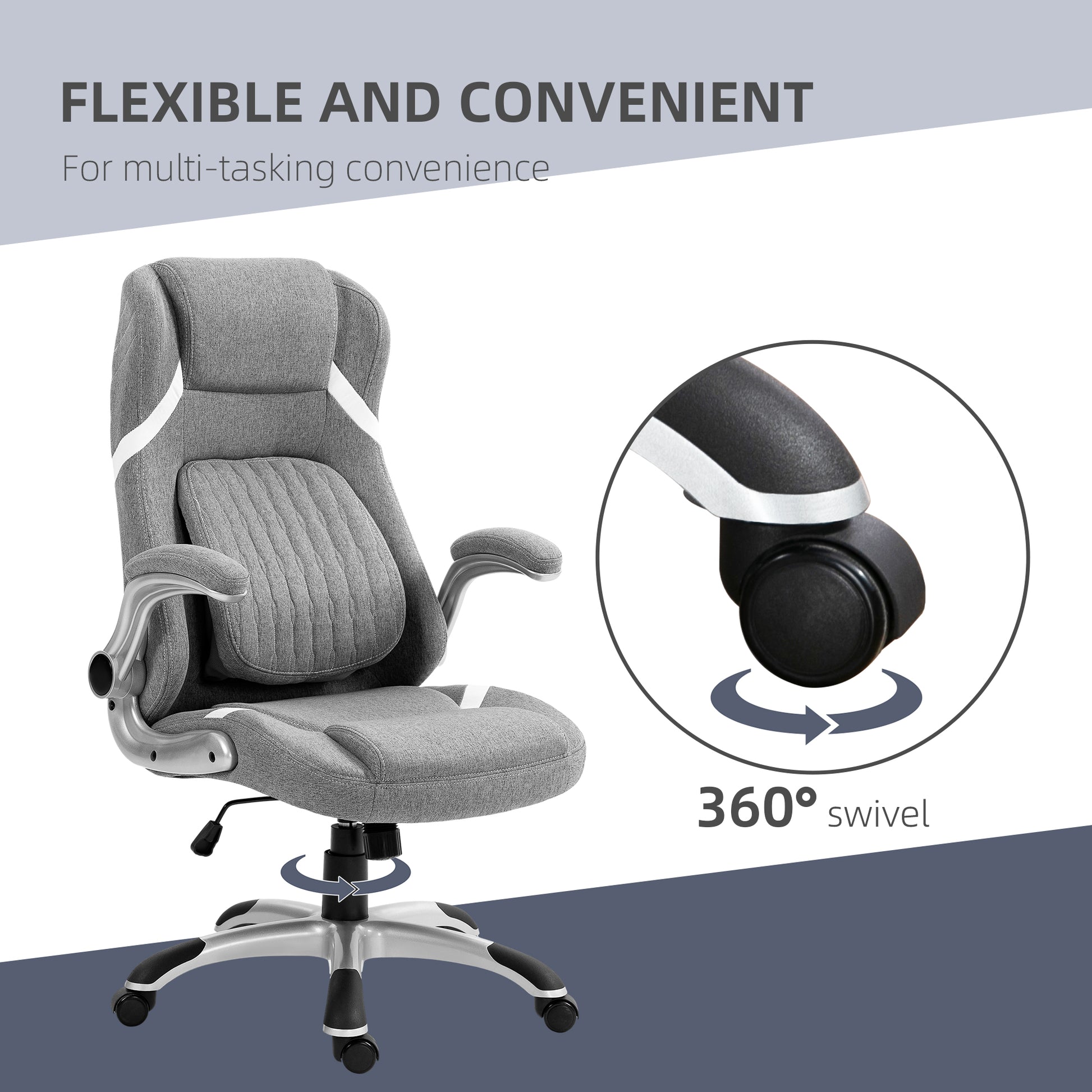 Vinsetto Ergonomic Desk Chair with Adjustable Height and Tension, Armrests, Linen-Look Home Office Chair in Grey-6