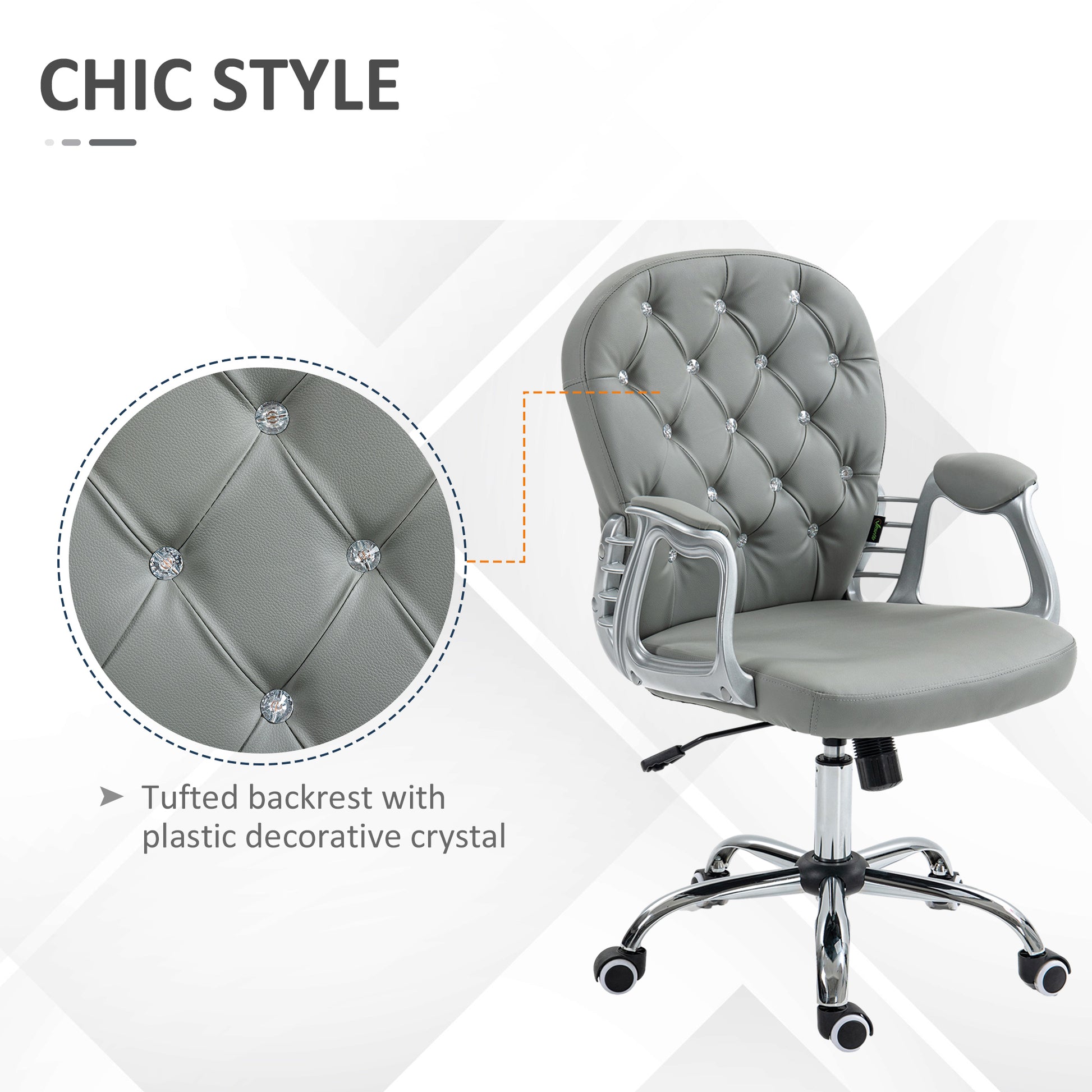 Vinsetto Ergonomic Computer Desk Chair with 360° Swivel, PU Diamante Padded, Base 5 Castor Wheels in Grey-5
