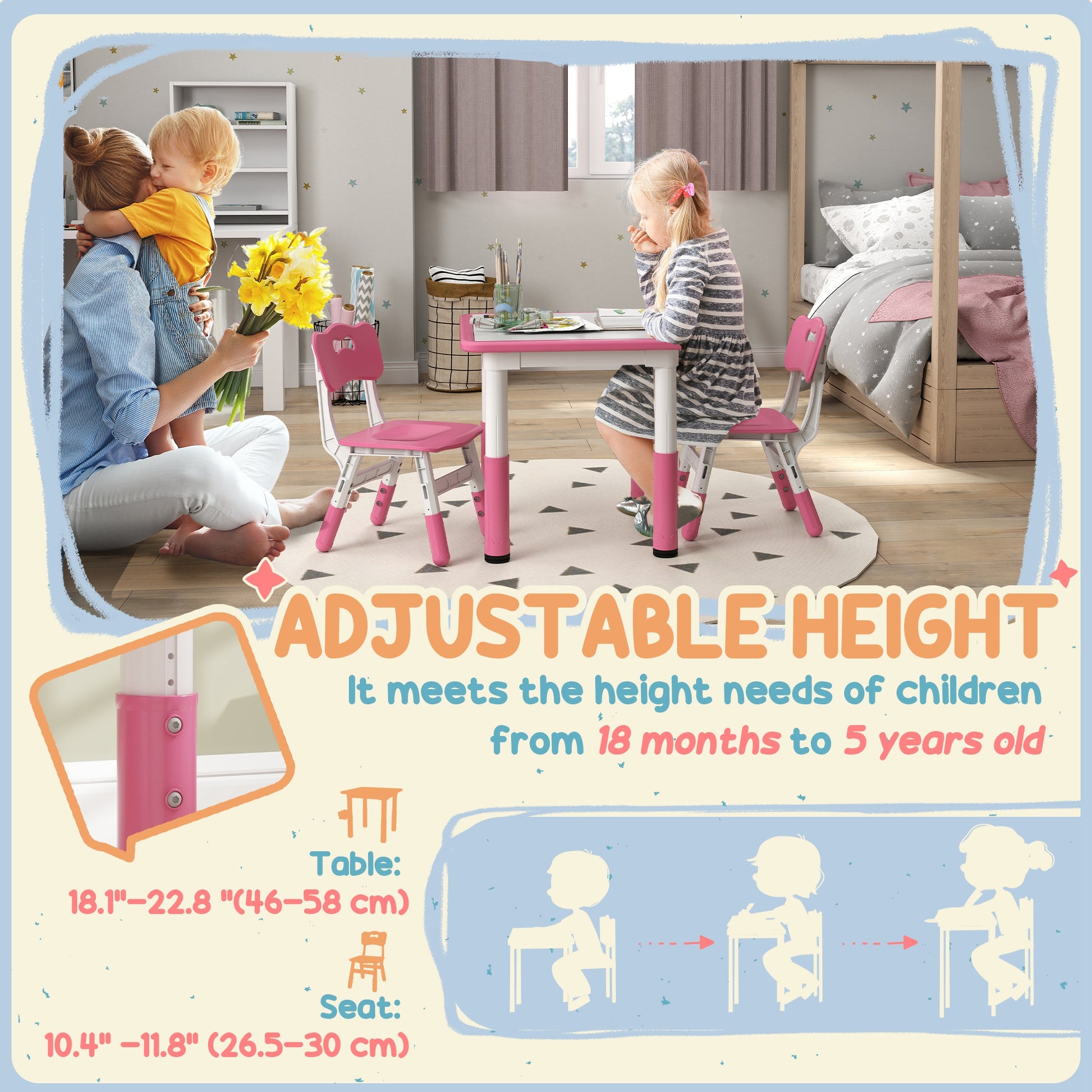 Height Adjustable Toddler Table and Chair Set, 3 Pcs Children Activity Table w/ 2 Chairs, for Playroom, Bedroom - Pink by AIYAPLAY-2