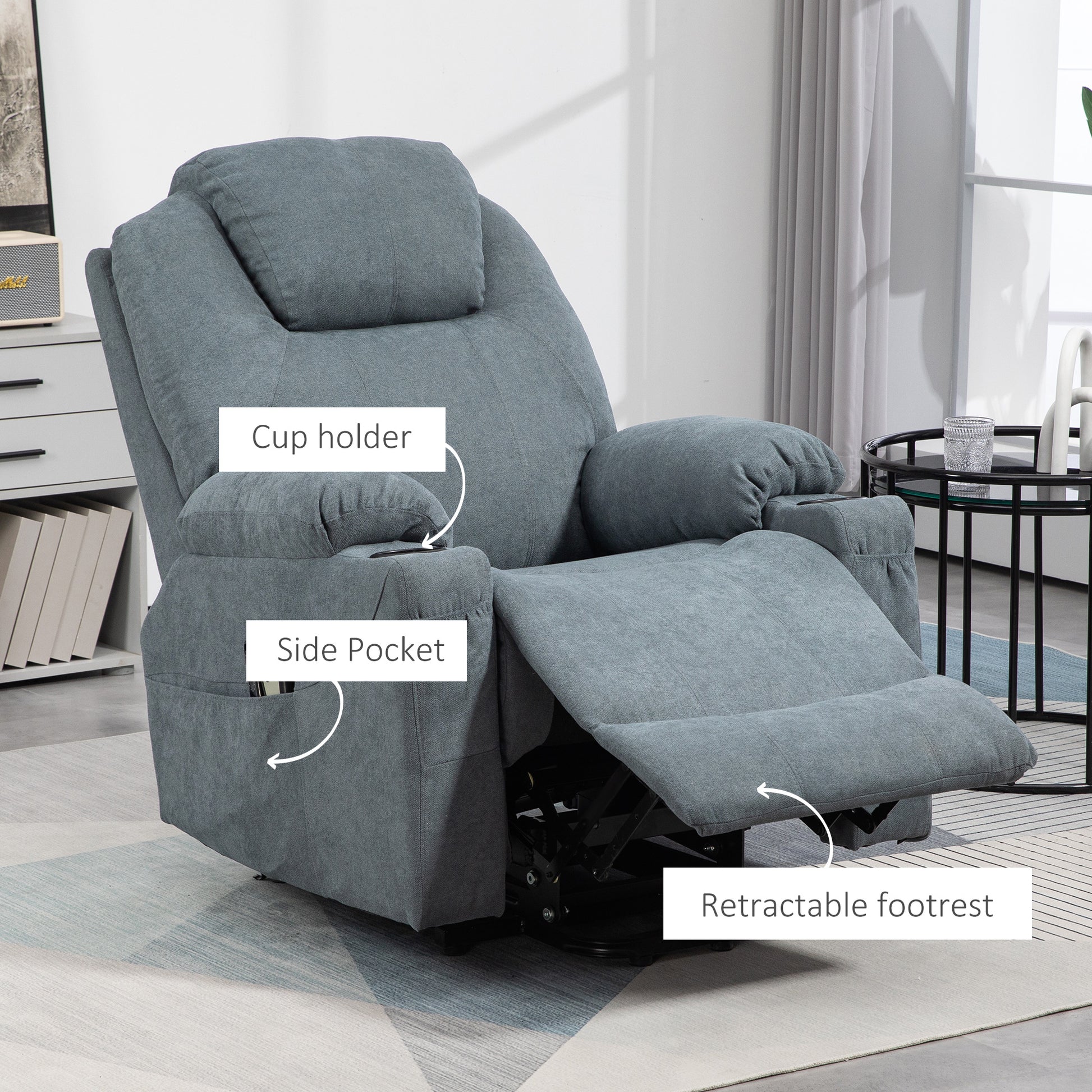 HOMCOM Charcoal Grey Lift Chair, Quick Assembly, Riser and Recliner Chair with Vibration Massage, Heat, Cup Holders-7