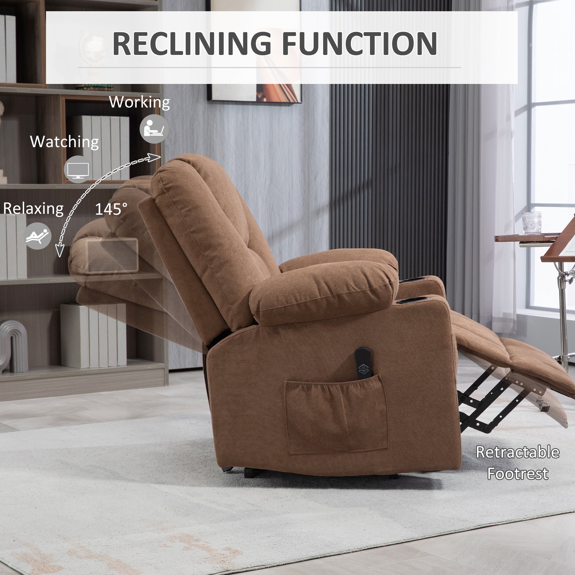 Oversized Riser and Recliner Chairs for the Elderly, Fabric Upholstered Lift Chair with Remote Control, Side Pockets, Cup | HOMCOM-3