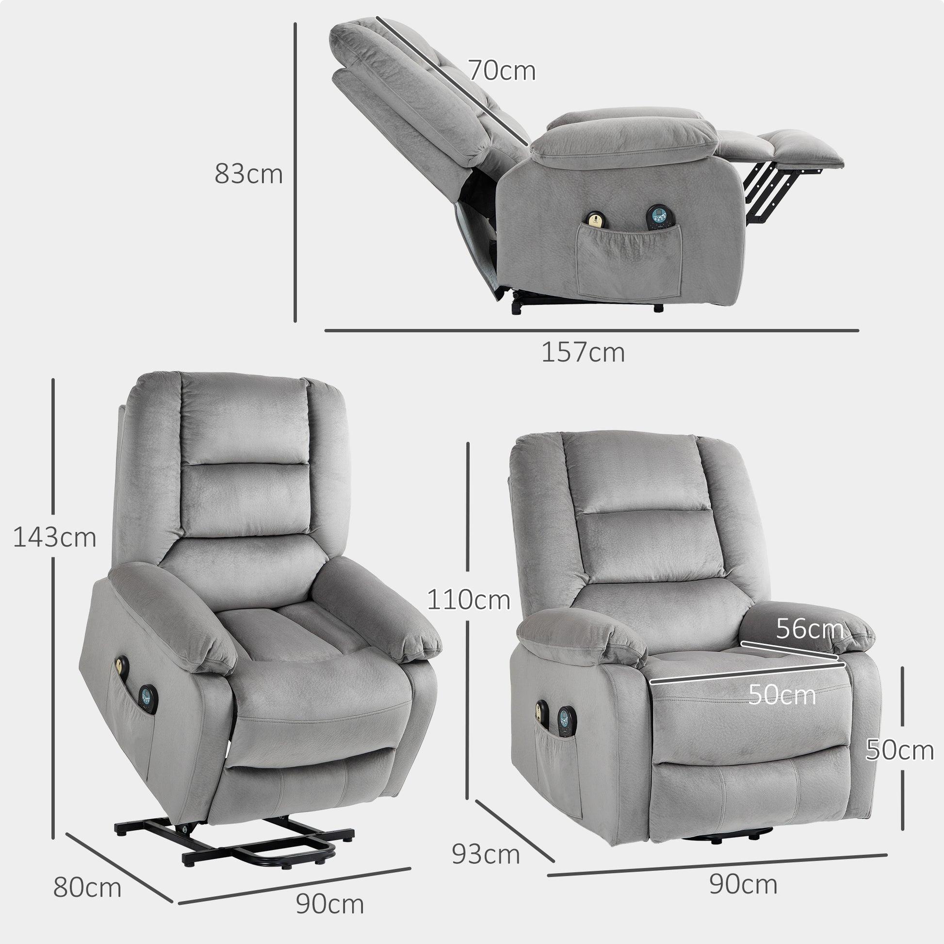 Electric Riser and Recliner Chair with Vibration Massage, Heat, Side Pocket, Grey by HOMCOM-1
