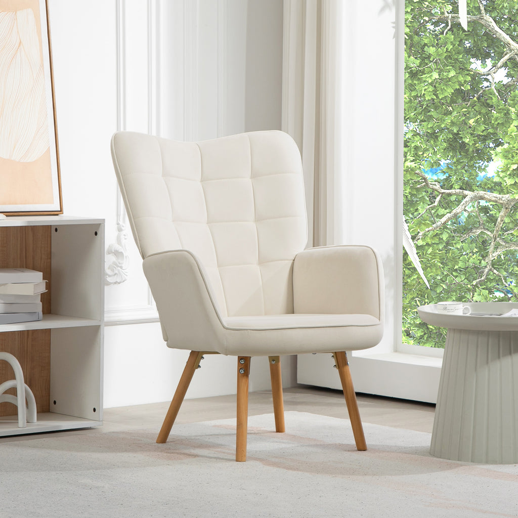 HOMCOM Modern Accent Chair Velvet-Touch Tufted Wingback Armchair Upholstered Leisure Lounge Sofa Club Chair with Wood Legs, Cream White-8