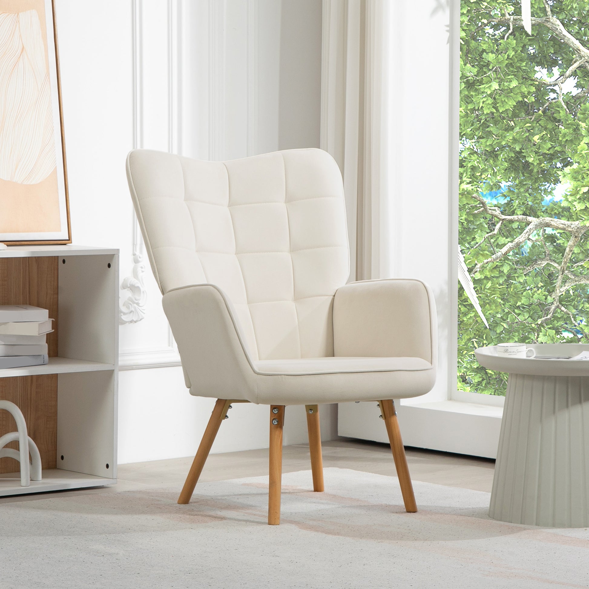 HOMCOM Modern Accent Chair Velvet-Touch Tufted Wingback Armchair Upholstered Leisure Lounge Sofa Club Chair with Wood Legs, Cream White-8