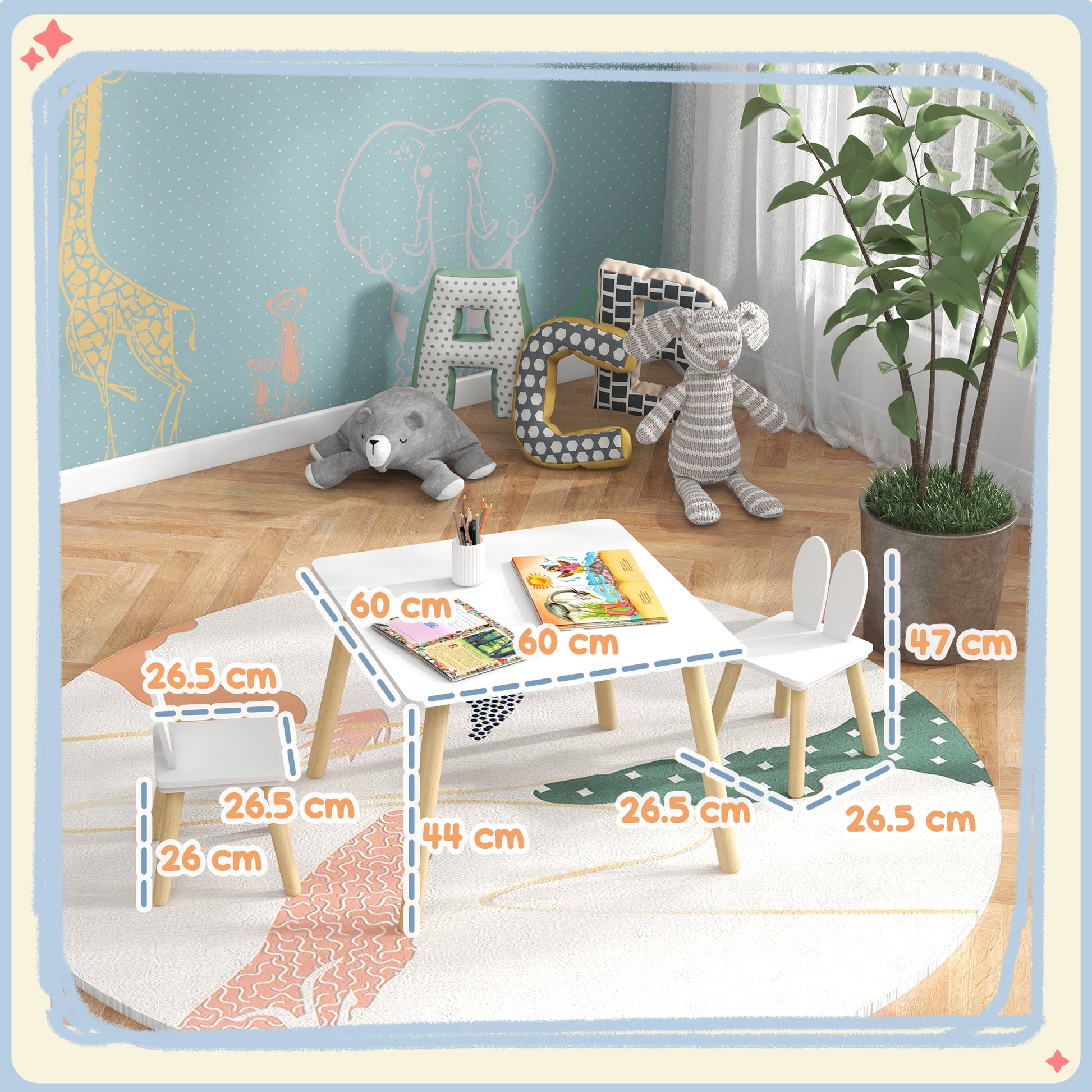 AIYAPLAY 3 Pcs Toddler Table and Chair Set, Kids Desk and 2 Chairs Set with Bunny Ear Backrest, for Nursery, Playroom-1
