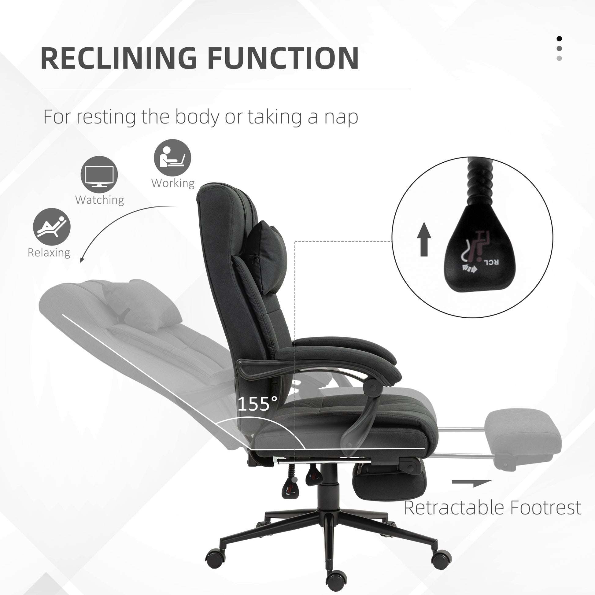 Executive Office Chair with Footrest, Headrest Pillow, Office Desk Chair with Reclining Backrest, Swivel Wheels, Black | Vinsetto-3