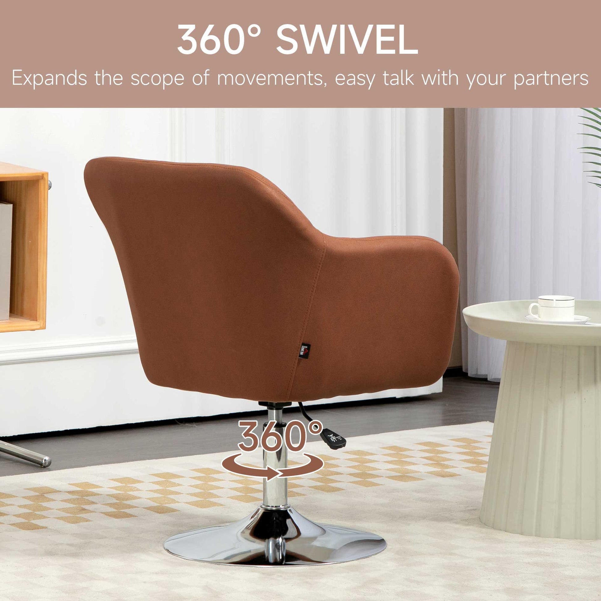 Swivel Accent Chair for Living Room Contemporary Vanity Armchair with Adjustable Height Thick Cushion Lumbar Support Armrest for Bedroom Office Brown by HOMCOM-3