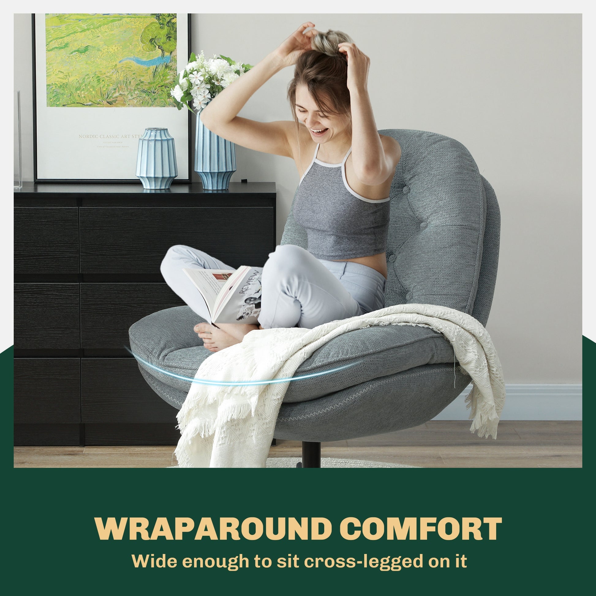 HOMCOM Armchair with 360 Degree Swivel and Wide Padded Seat, Upholstered Accent Chair with Water-Repellent Chenille Fabric Occasional Chair for Living Room Bedroom Home Office Reception Balcony in Grey-3