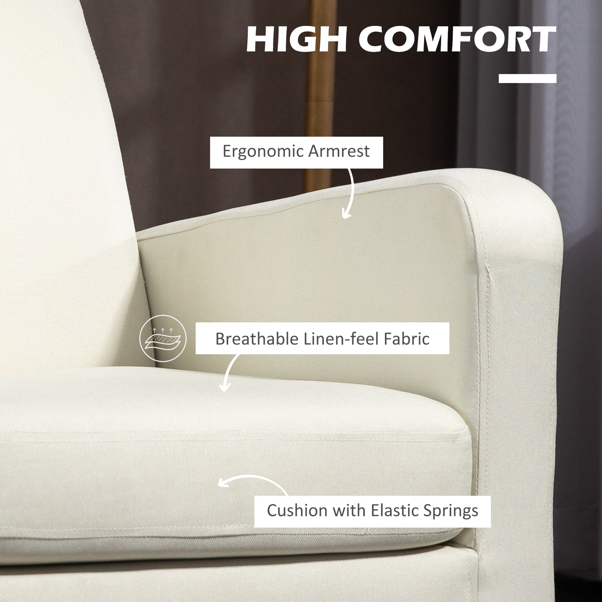 2x HOMCOM Modern Armchairs with Rubber Wood Legs, Upholstered Accent Chairs, Single Sofa for Living Room, Bedroom, Cream White-3