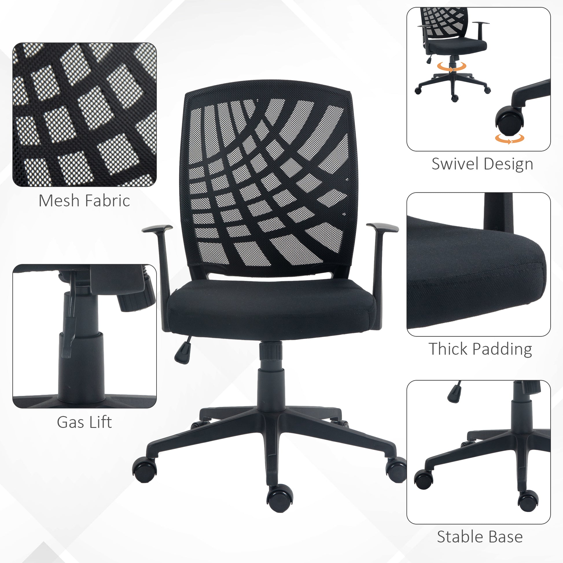 Ergonomic Office Chair, Height Adjustable Mesh Chair, Desk Chair with Swivel Wheels for Home Office, Black | HOMCOM-4