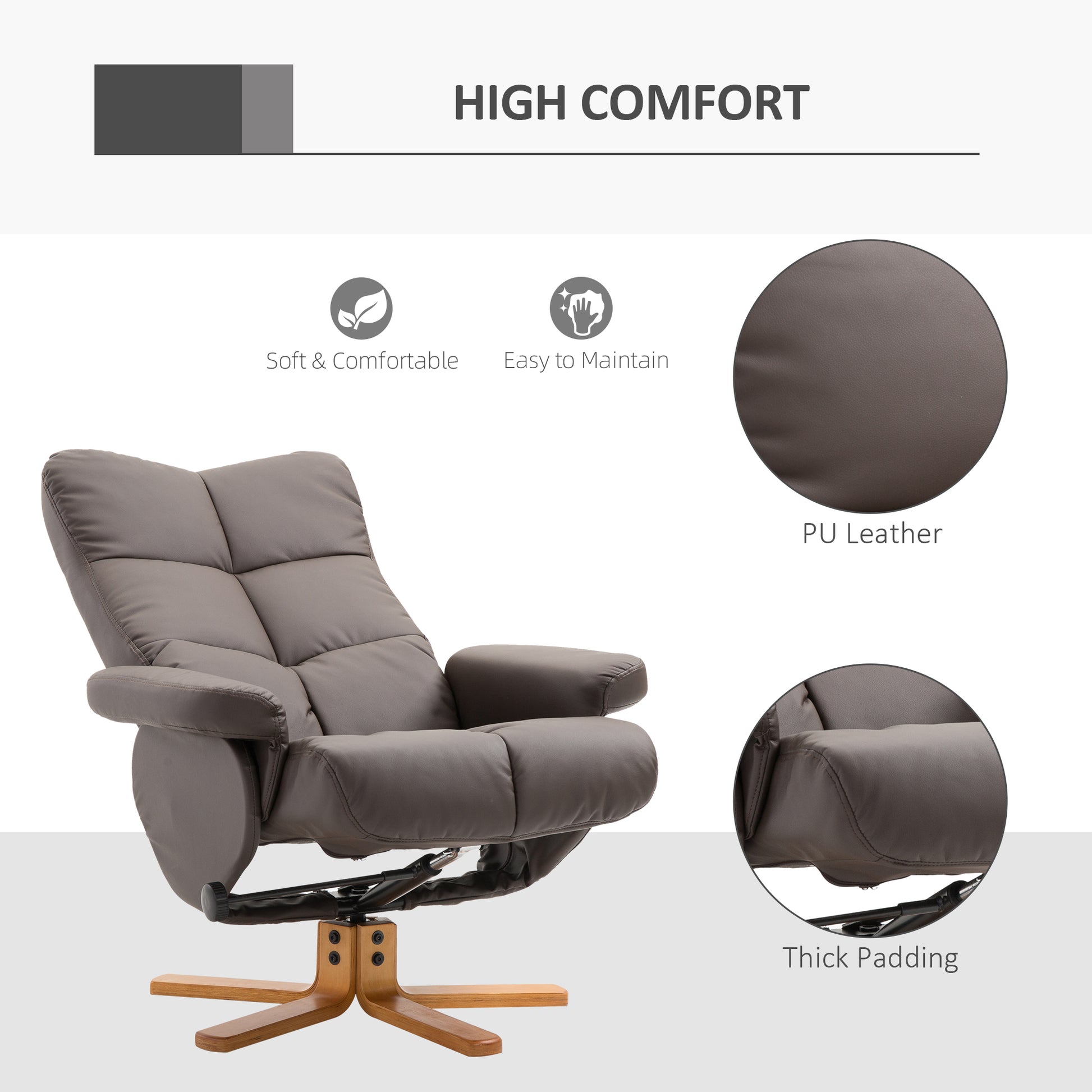 Faux Leather Swivel Recliner Chair with Footstool, Armchair with Wooden Base and Storage for Living Room in Brown | HOMCOM-4