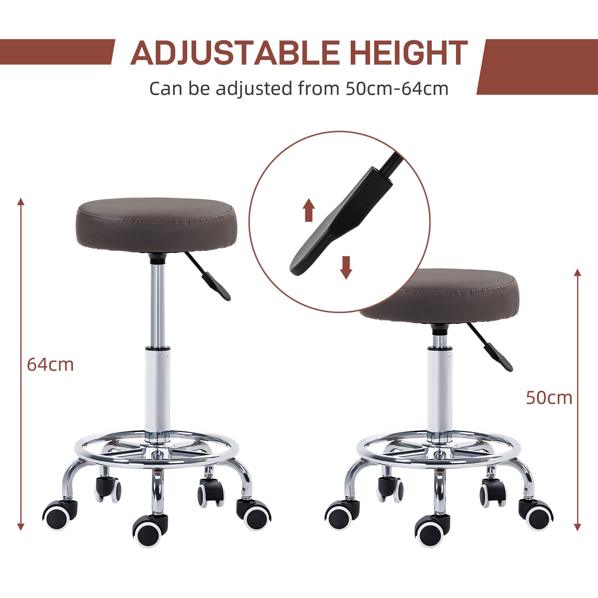 PU Leather Rolling Stool, Height Adjustable Stool Chair with Wheels for Salon, Massage, Spa, Grey | Vinsetto-2