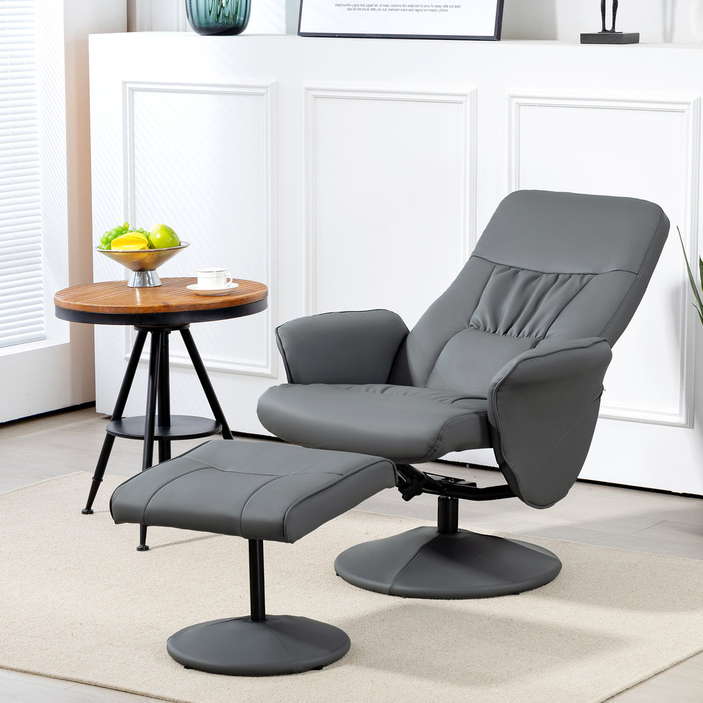 Swivel Recliner Chair with Footstool, PU Leather Armchair and Ottoman with High Back and Round Base for Living Room in Grey | HOMCOM-8