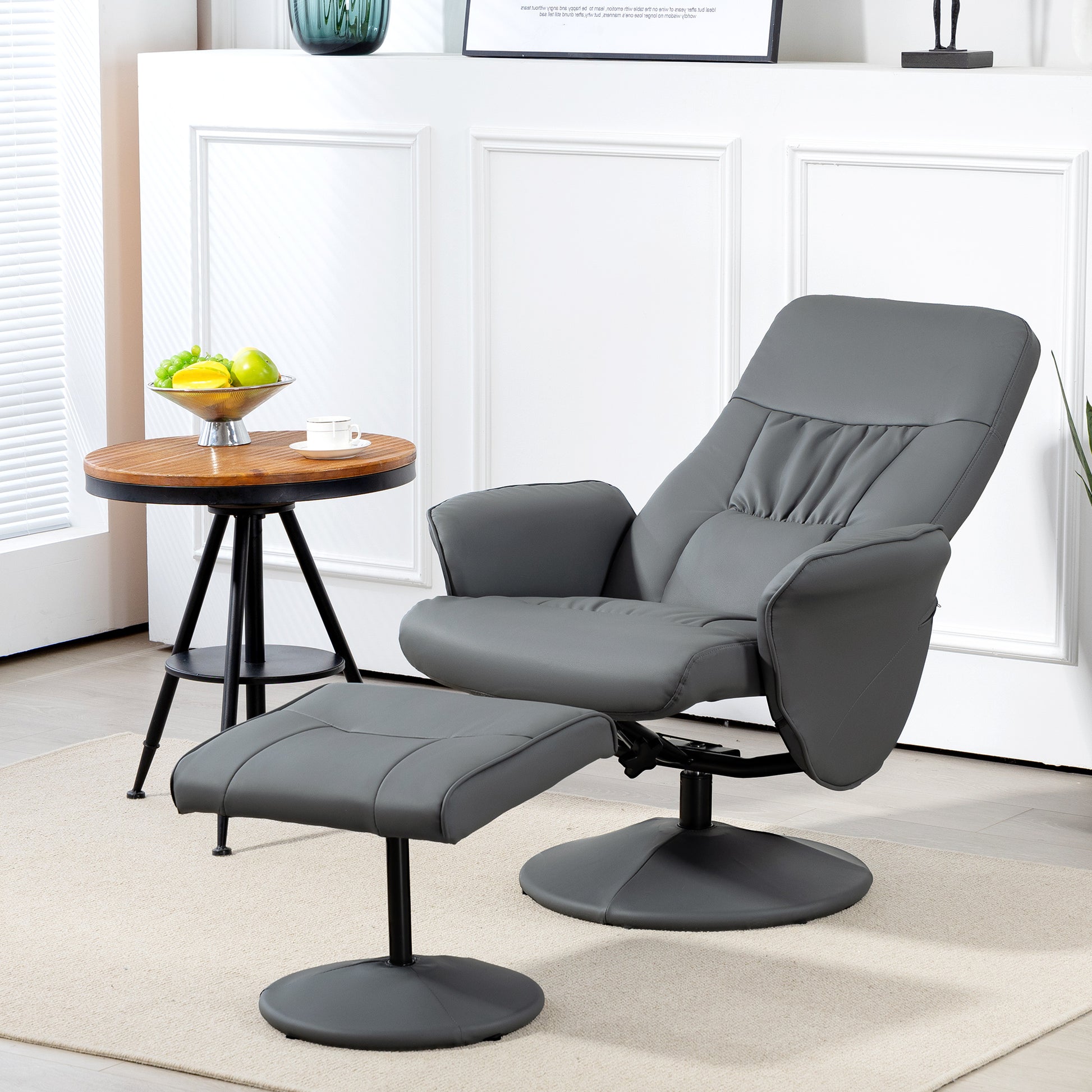 Swivel Recliner Chair with Footstool, PU Leather Armchair and Ottoman with High Back and Round Base for Living Room in Grey | HOMCOM-8