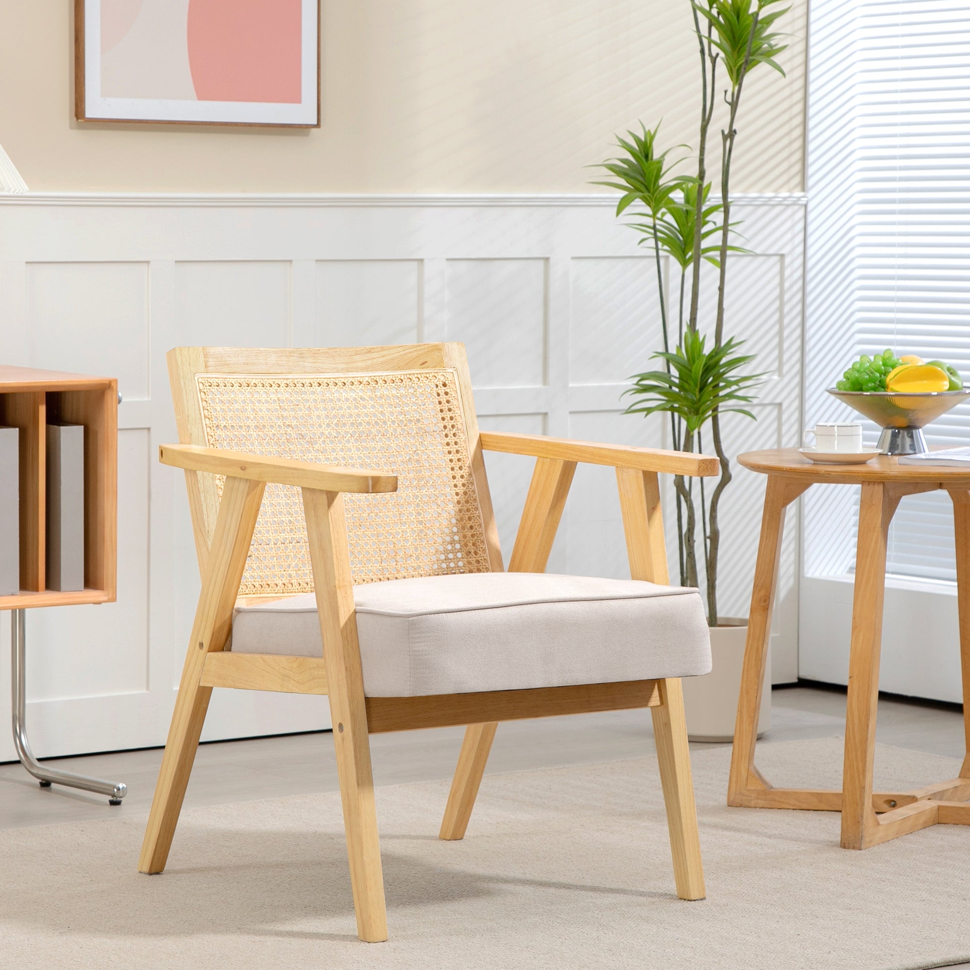 Bohemian Armchair: HOMCOM Fabric Accent Chair with Rattan Back, Rubber Wood Frame & Padded Seat Cushion, Living Room, Bedroom, Office-8
