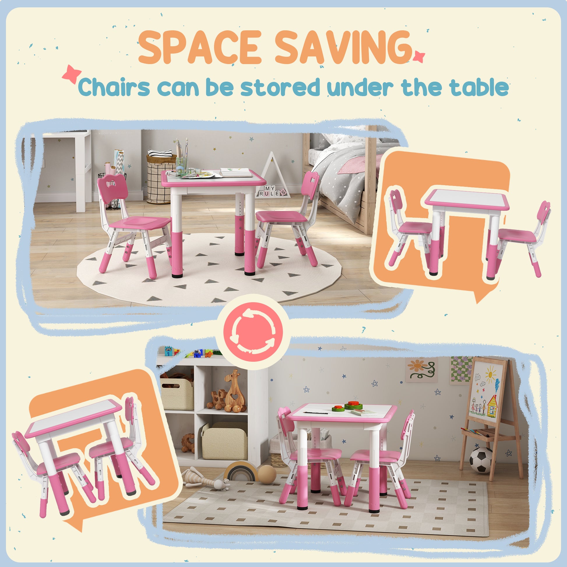 Height Adjustable Toddler Table and Chair Set, 3 Pcs Children Activity Table w/ 2 Chairs, for Playroom, Bedroom - Pink by AIYAPLAY-5